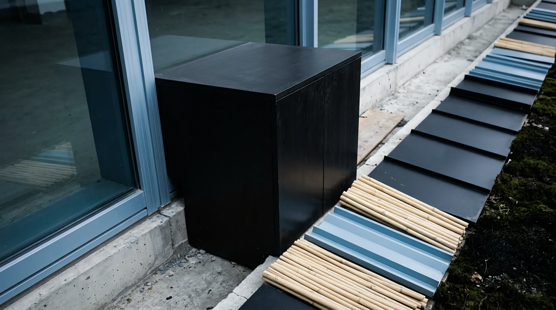 Black storage enclosure and assorted construction materials rest on concrete ground outside a large glass walled industrial facility.