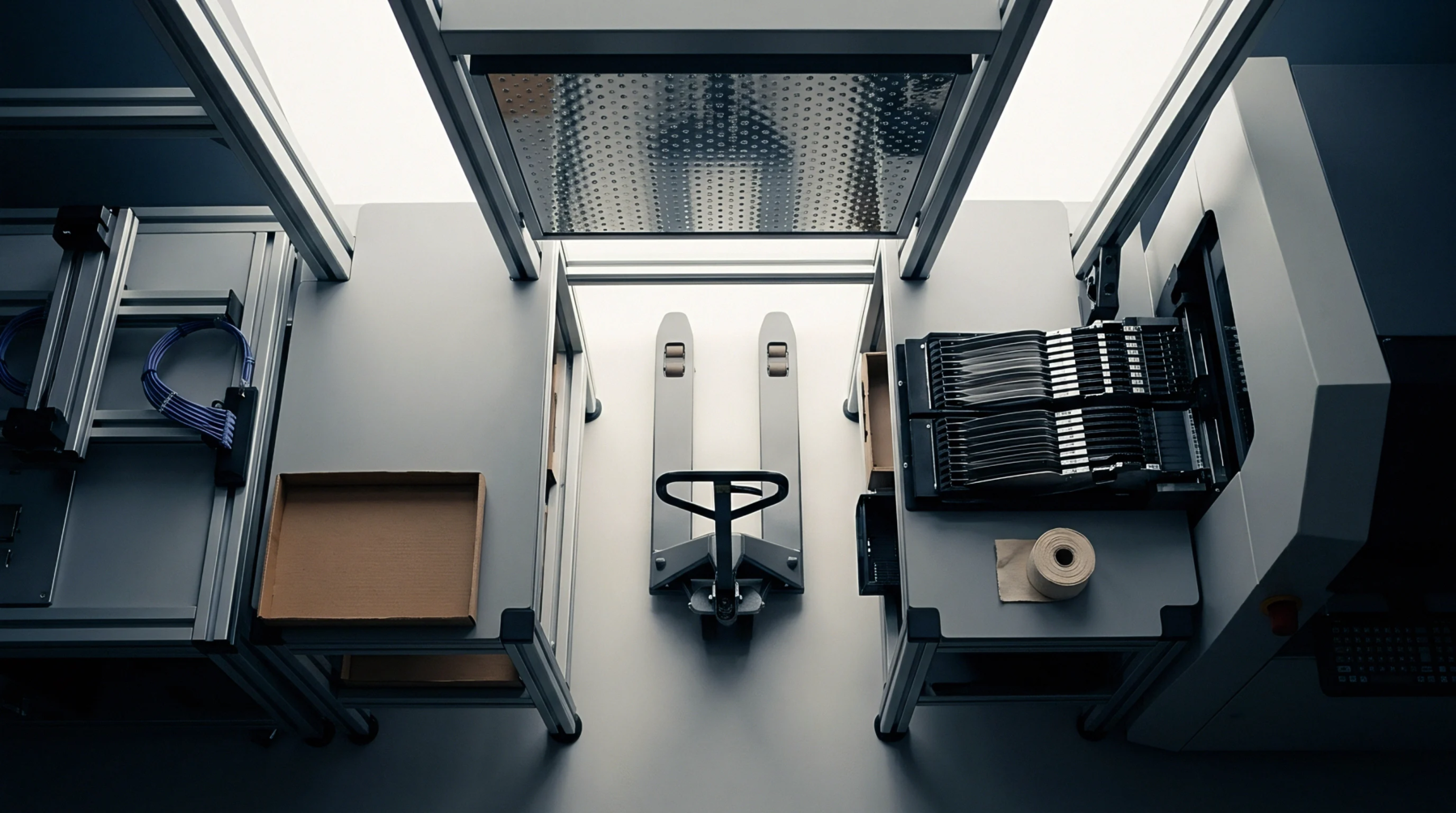 Overhead perspective reveals a manual pallet jack positioned between aluminum workstations and automated sorting machinery inside a factory production floor.