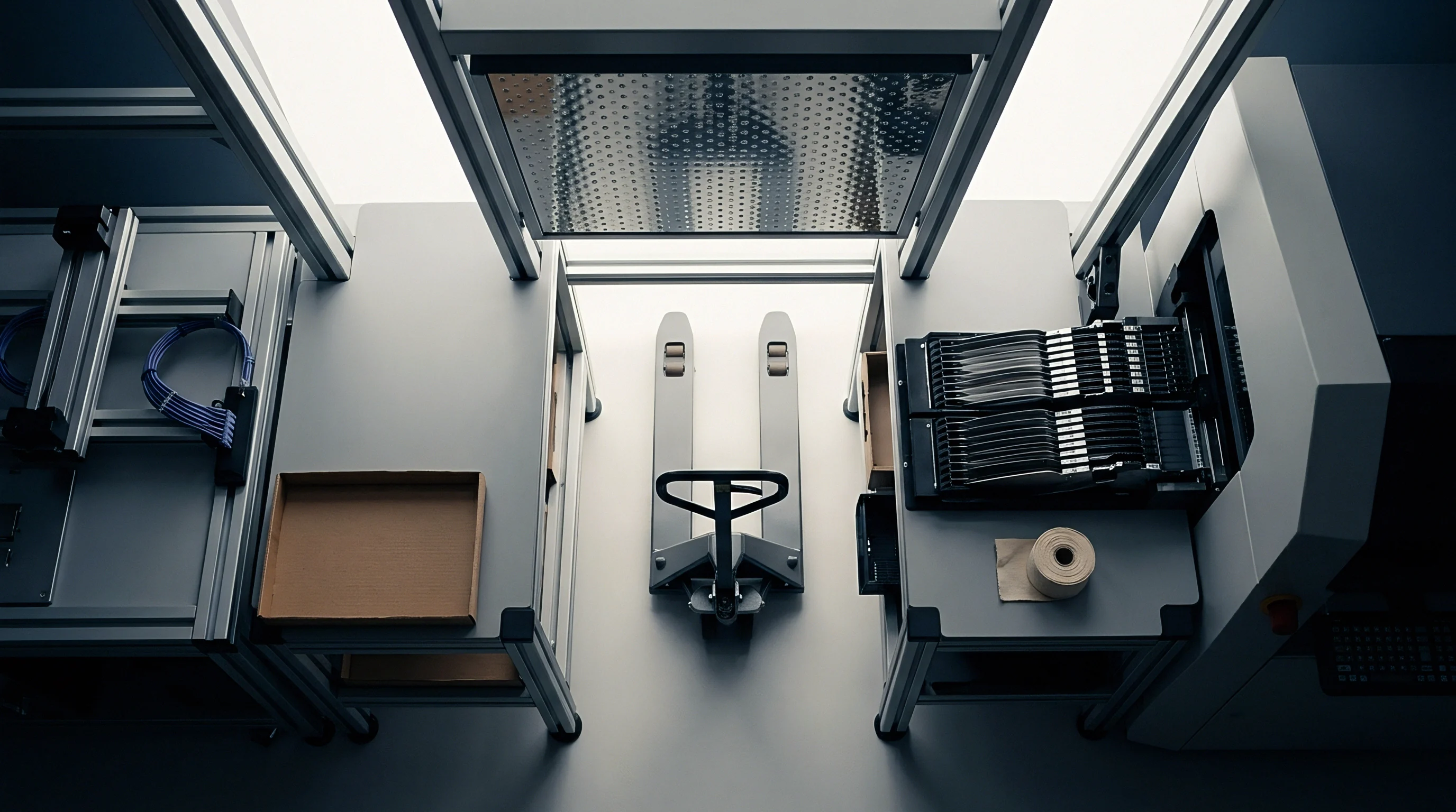 Overhead perspective reveals a manual pallet jack positioned between aluminum workstations and automated sorting machinery inside a factory production floor.