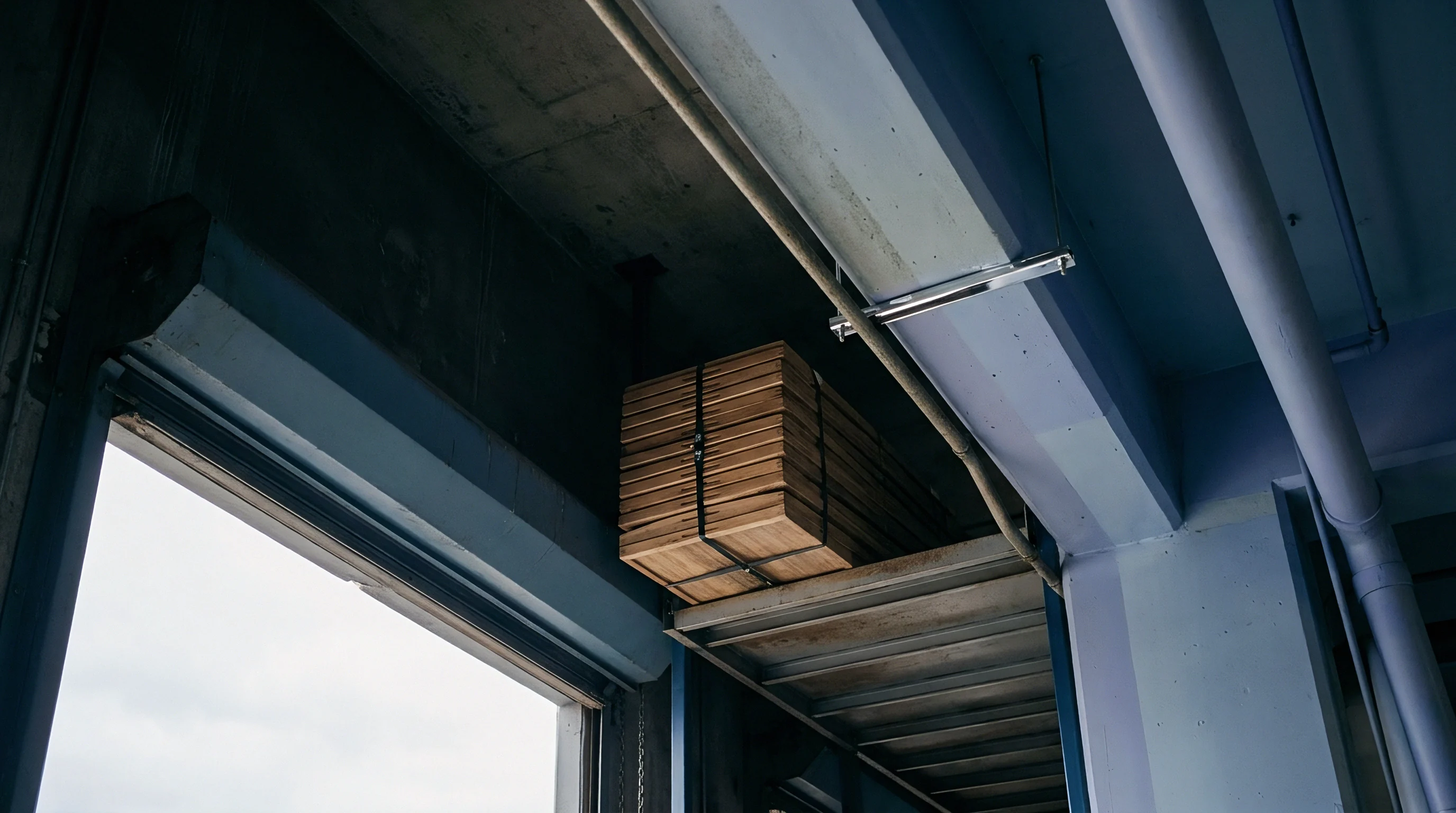Bundled wooden panels rest on an elevated steel mezzanine inside an industrial warehouse facility awaiting further manufacturing processing.