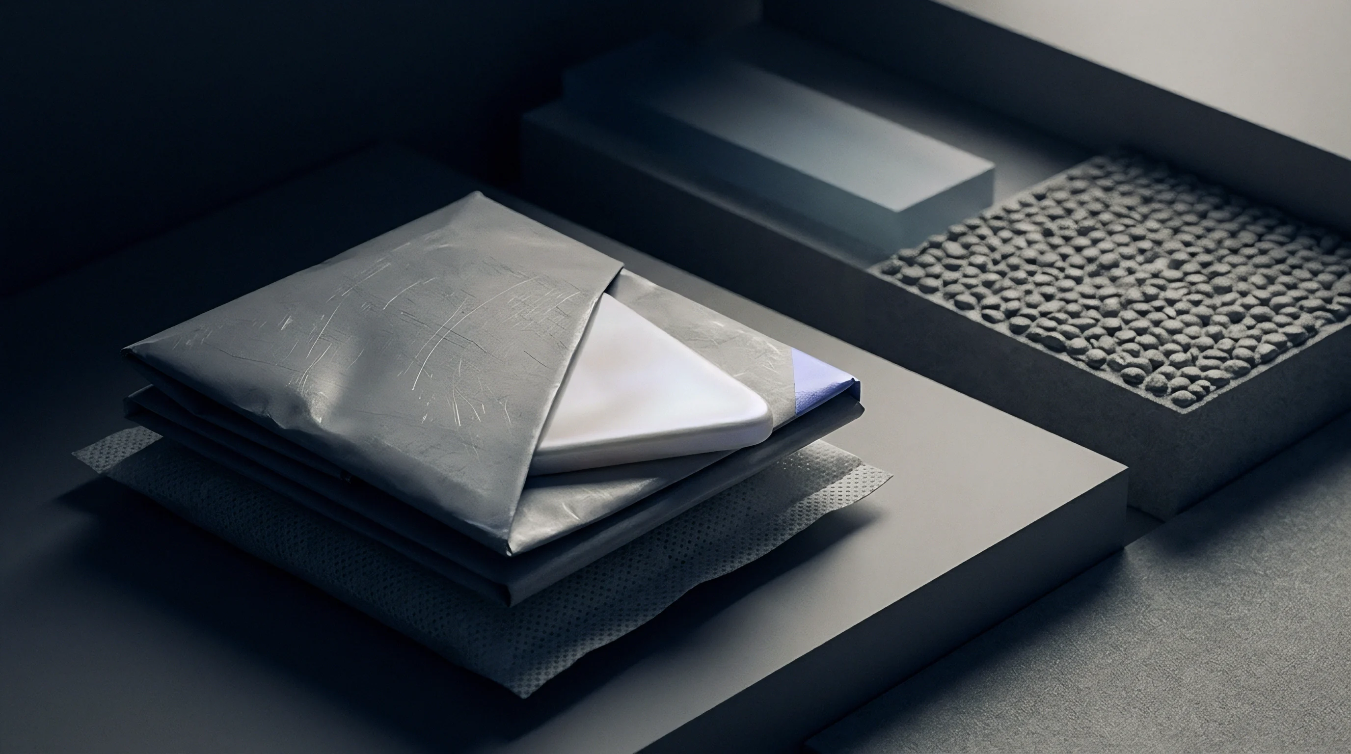 Layered polymer mailers and rigid prototype packaging components sit on a dark industrial workbench during factory quality evaluation.