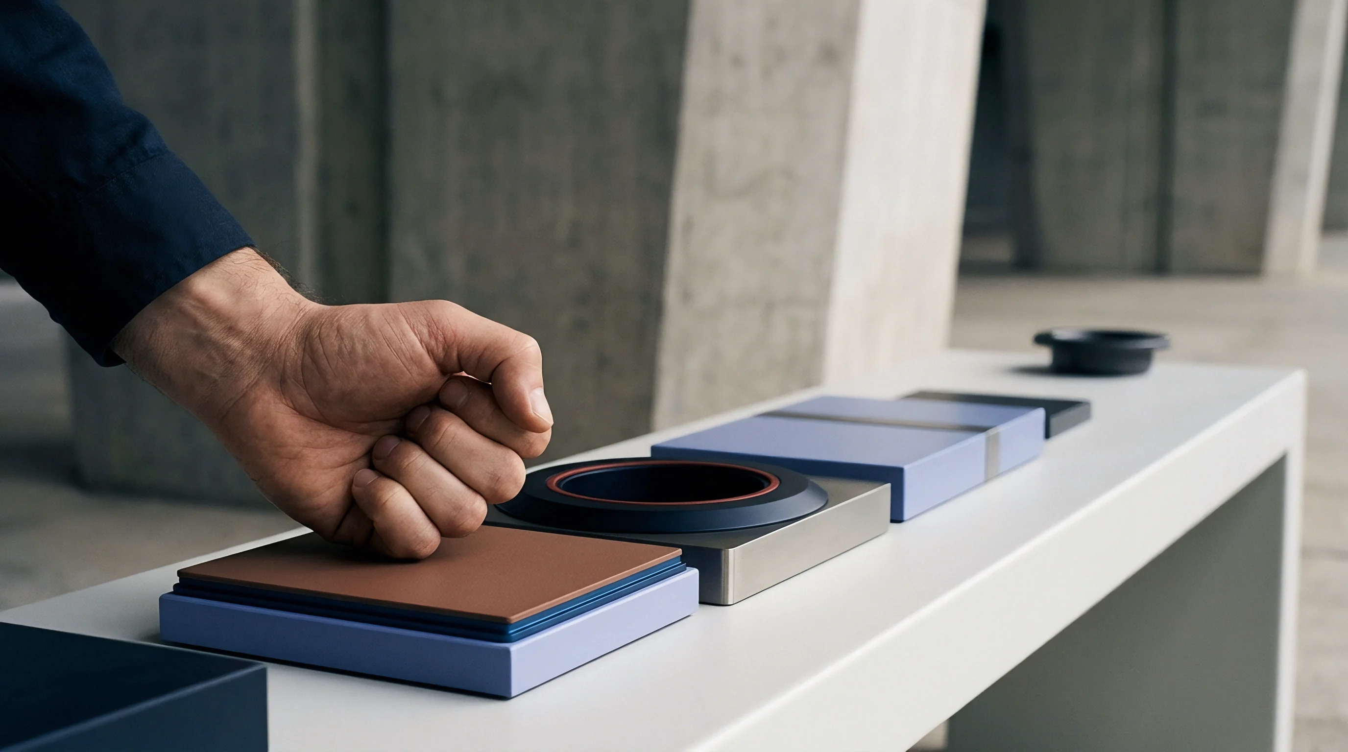 A human fist rests above layered material swatches and modular components arranged on a white workbench inside an industrial facility.