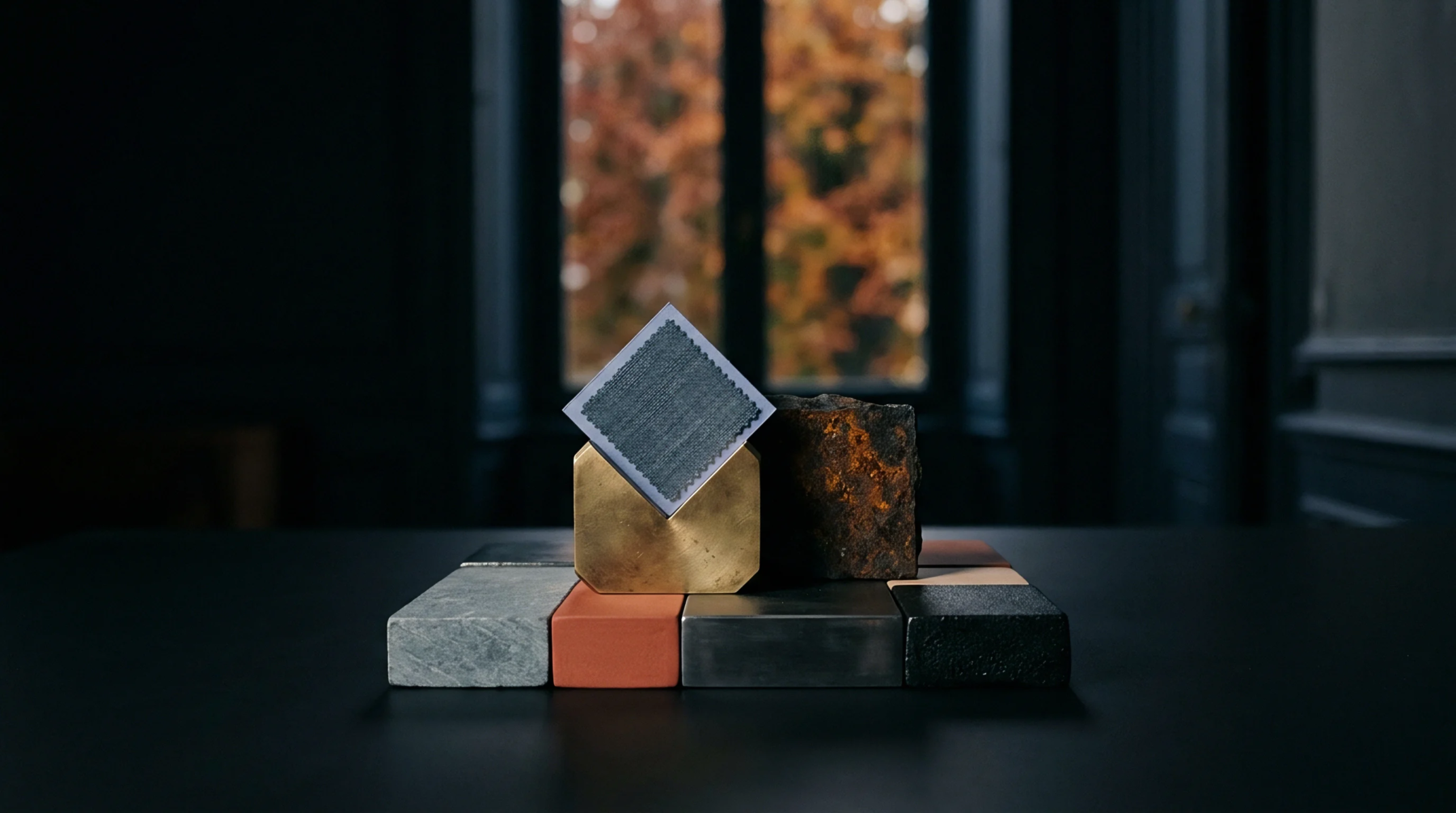 Various industrial material samples including metal blocks stone and fabric swatches rest on a dark table inside a workshop.