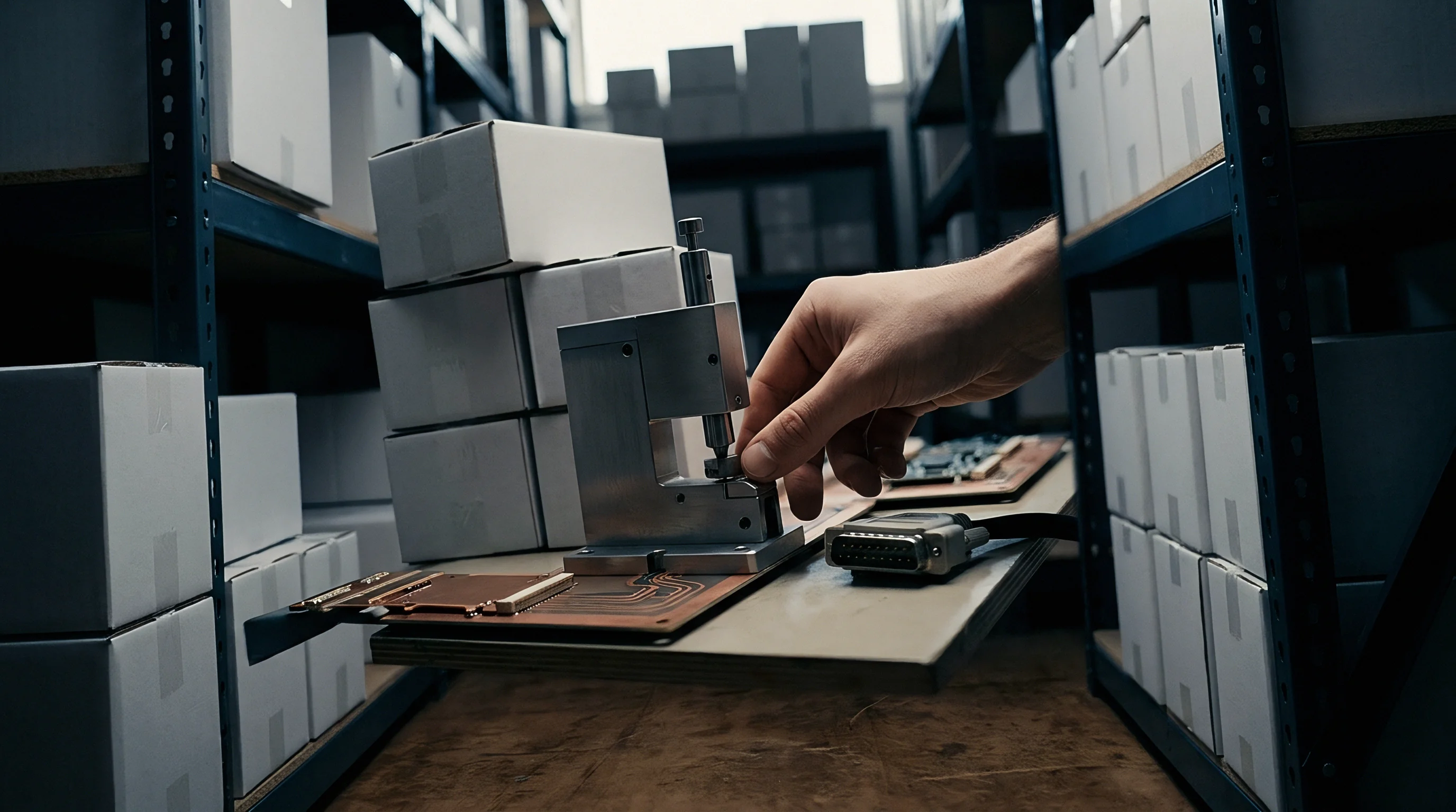 A worker operates a handheld metal press fixture upon a workstation within a storage facility lined with boxes of electronics components.