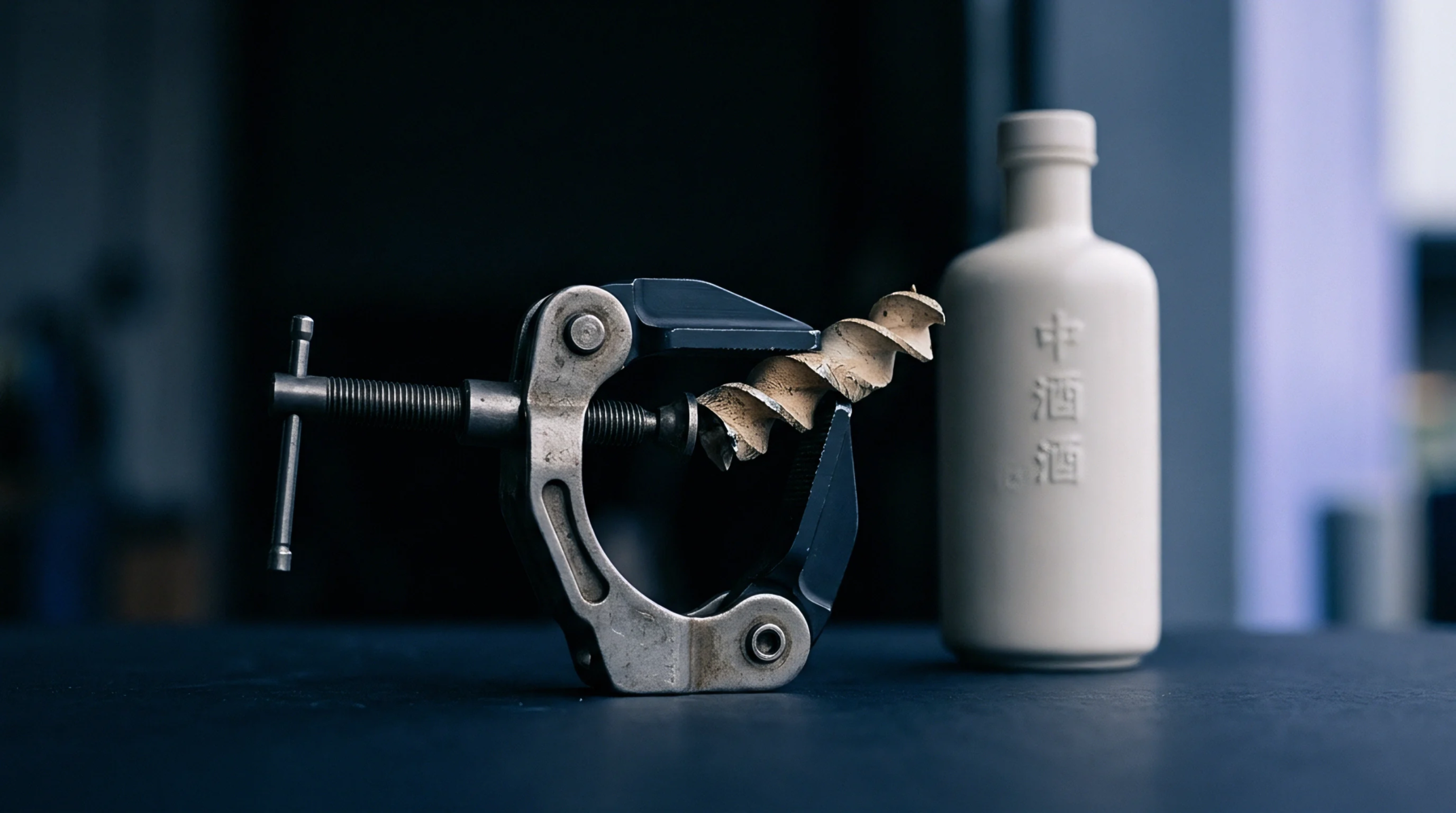A metal clamping fixture secures a milled spiral prototype on a dark work surface next to a ceramic industrial packaging bottle.