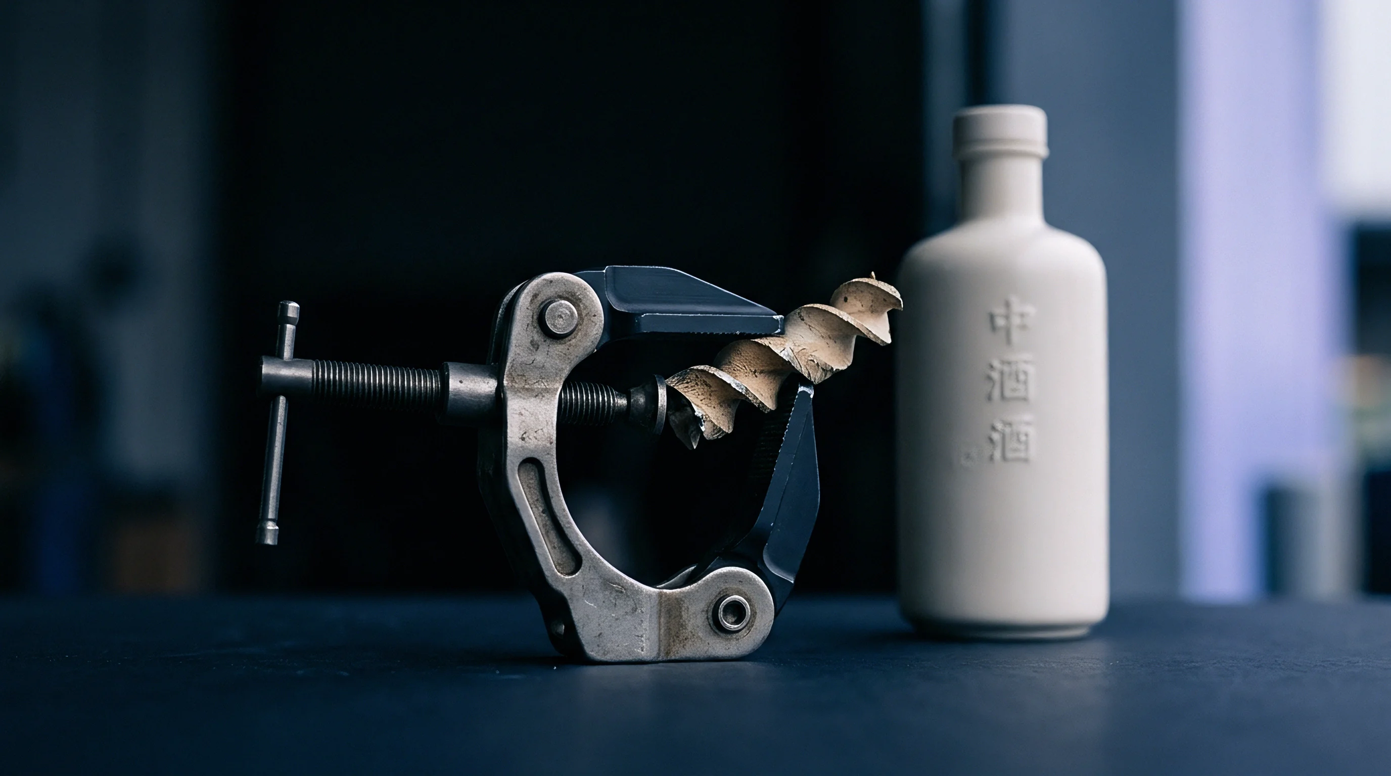 A metal clamping fixture secures a milled spiral prototype on a dark work surface next to a ceramic industrial packaging bottle.