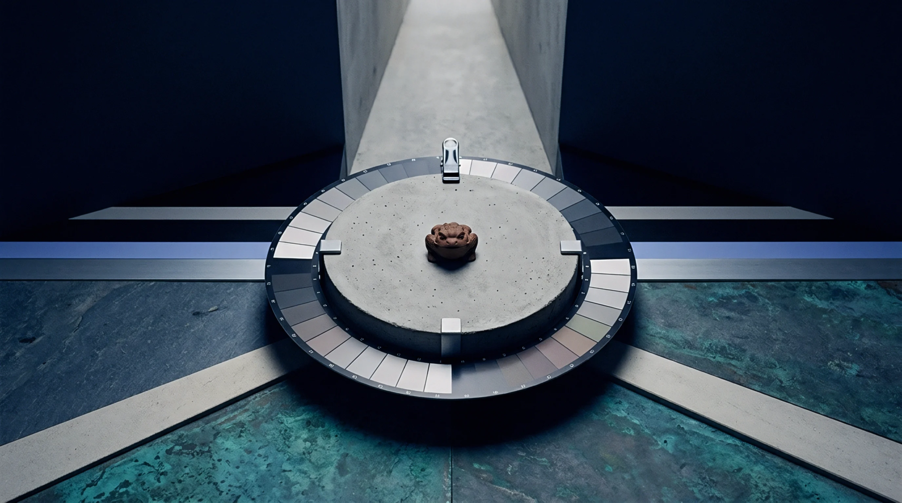 A concrete circular platform holds a small figurine encircled by a numbered metallic swatch ring positioned on a textured industrial floor panel.