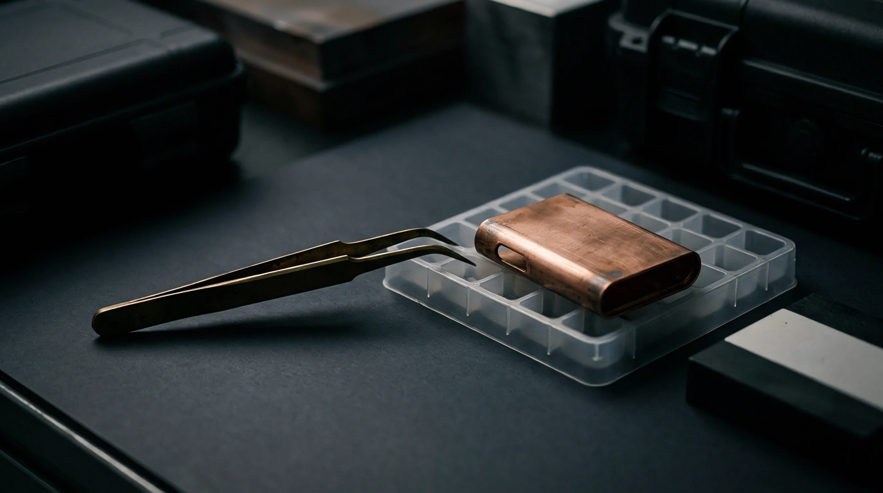 Precision metal housing components rest inside a compartmentalized grid tray alongside professional sorting tweezers on a dark workbench.