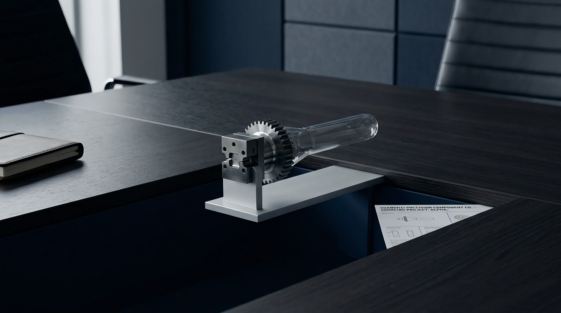 Digital rendering showing a transparent glass tubular component mounted on a metal fixture with a gear and a technical specification document.