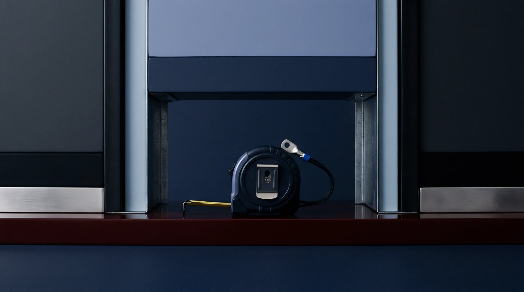 A compact tape measure and grounded ring terminal rest on a dark red production bench between structured vertical machine pillars.