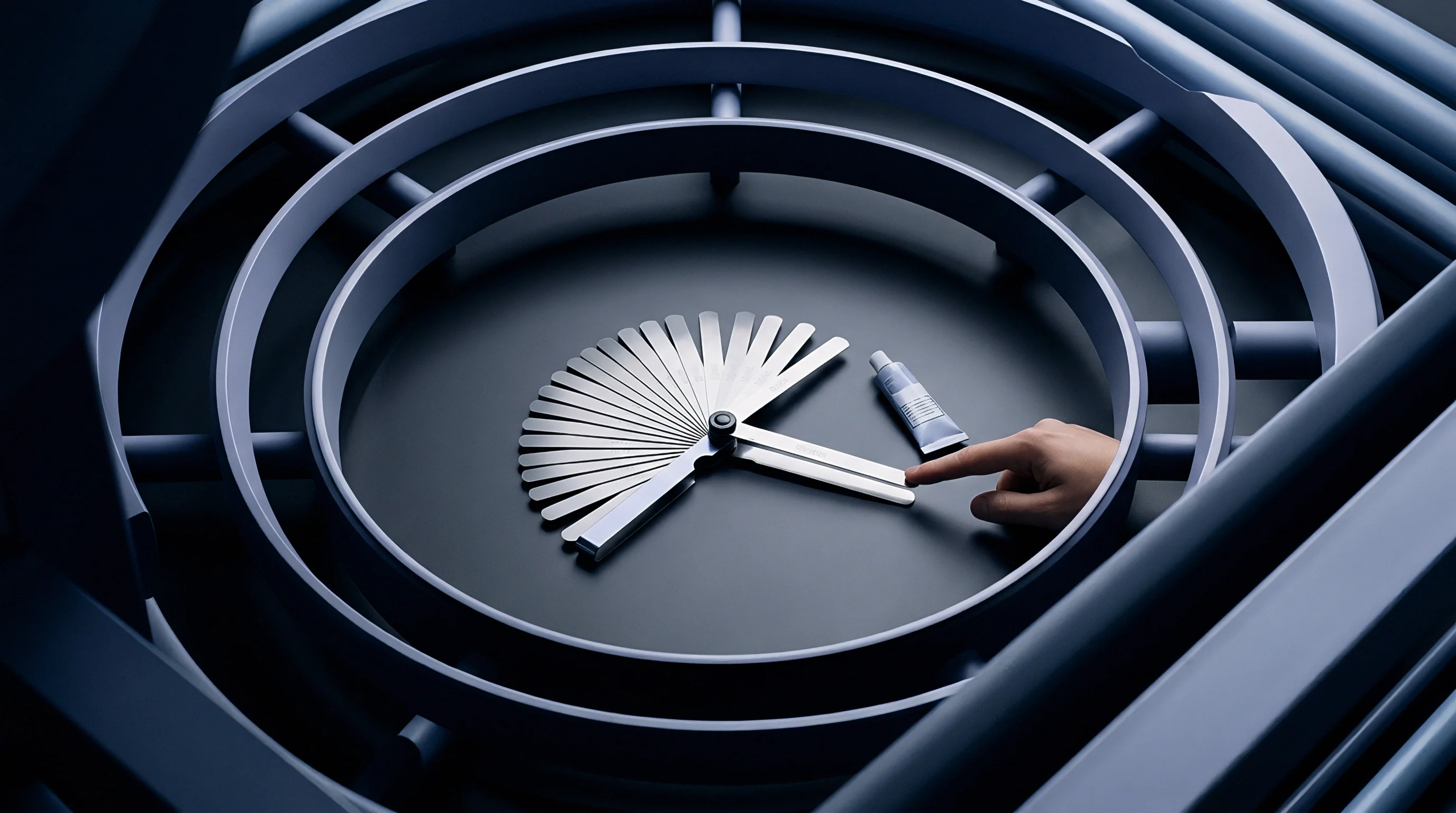 Metal feeler gauge leaves and a tube of sealant rest on a dark surface within a structured circular industrial environment.
