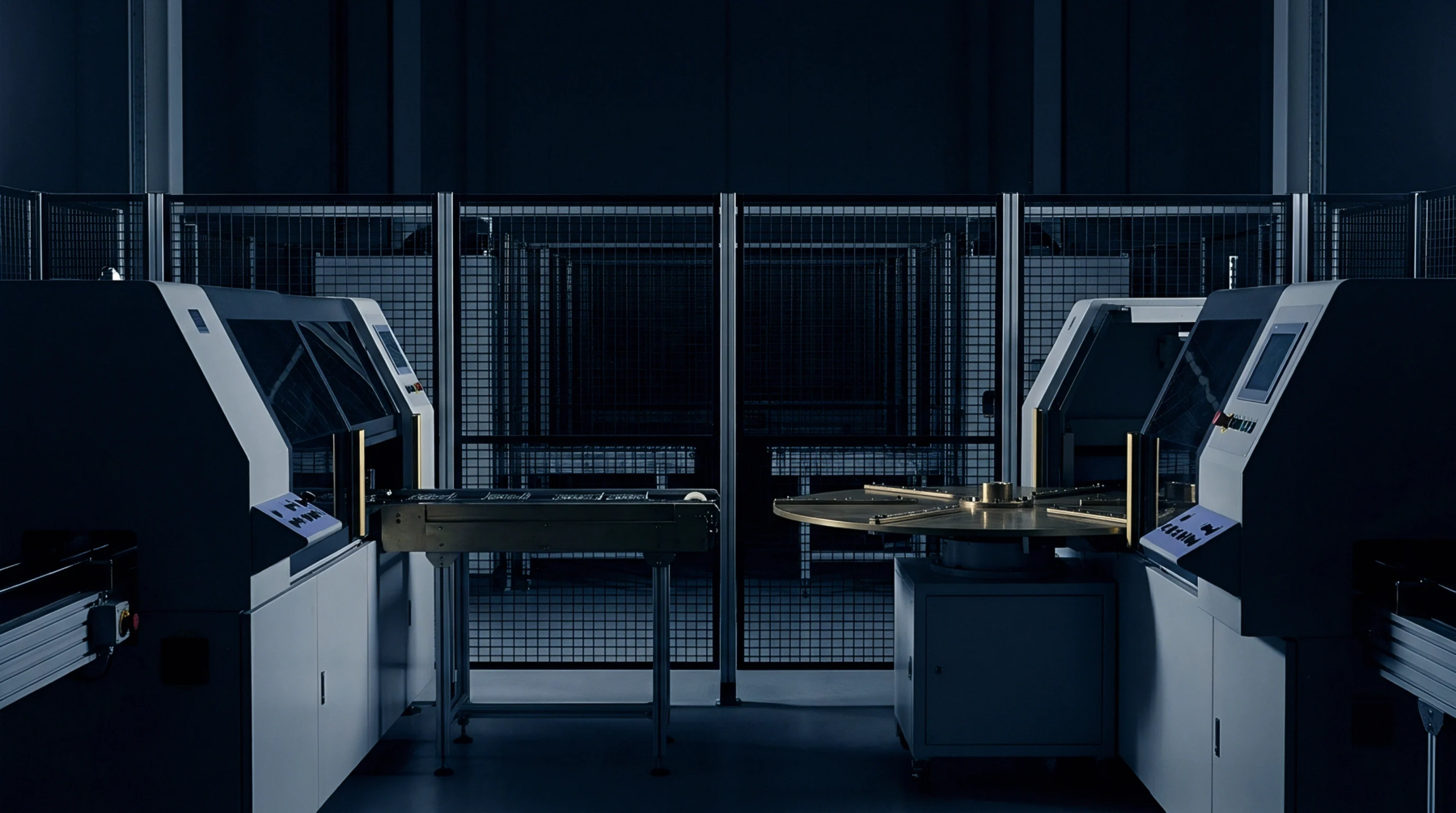 Modern industrial machines with integrated conveyor belts are positioned within a controlled factory environment behind safety barriers.