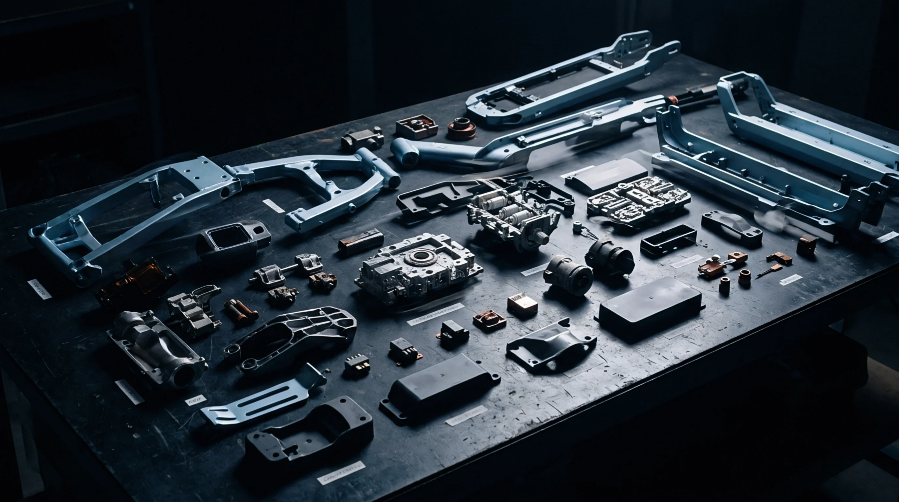 Machined metal frames, electrical housings, and precision fasteners lie organized on a dark industrial workbench under cool directional studio lighting.