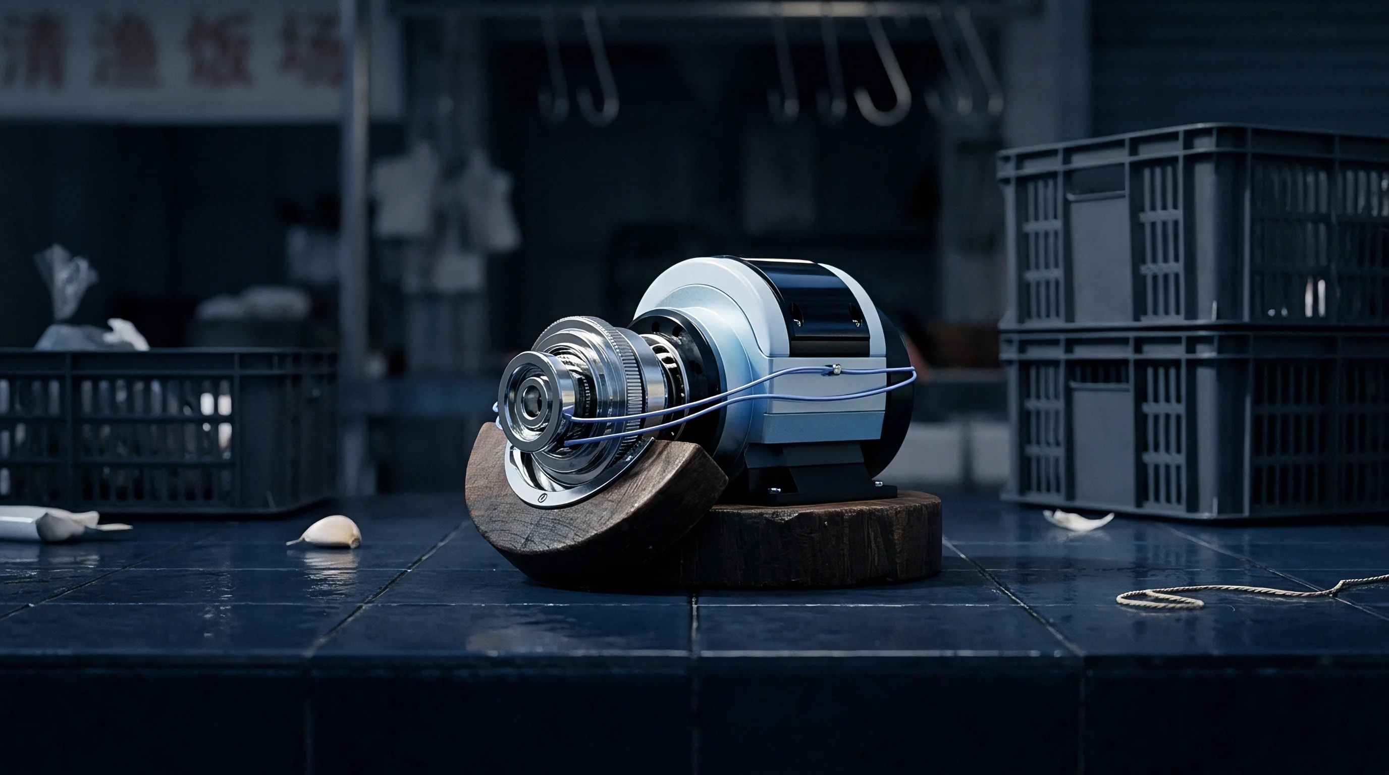 Rendered industrial electric motor components sit on a wooden block above dark blue ceramic tiles within a parts warehouse.