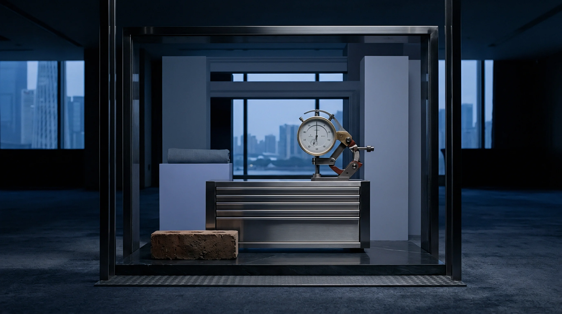 A heavy steel testing cabinet supports a mechanical dial gauge beside a masonry brick and fabric sample inside an urban factory office.