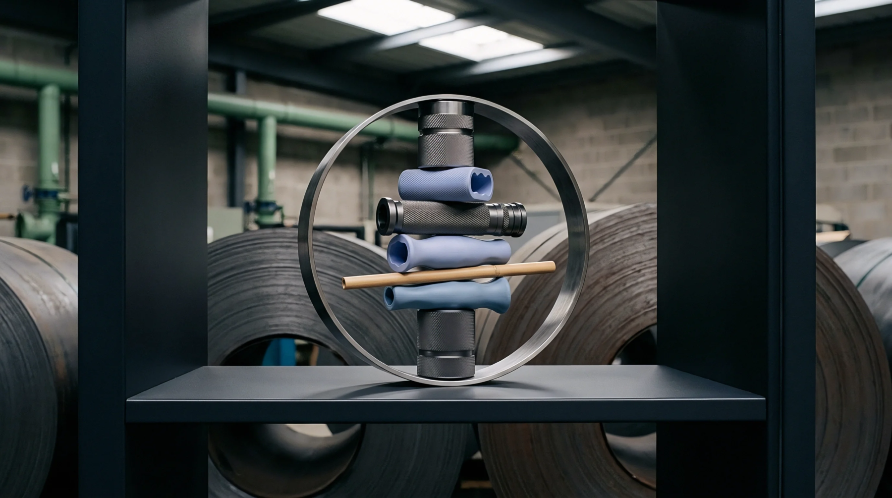 Symmetrically stacked machined steel and polymer components rest inside a circular metal frame on a dark shelf within an industrial warehouse.