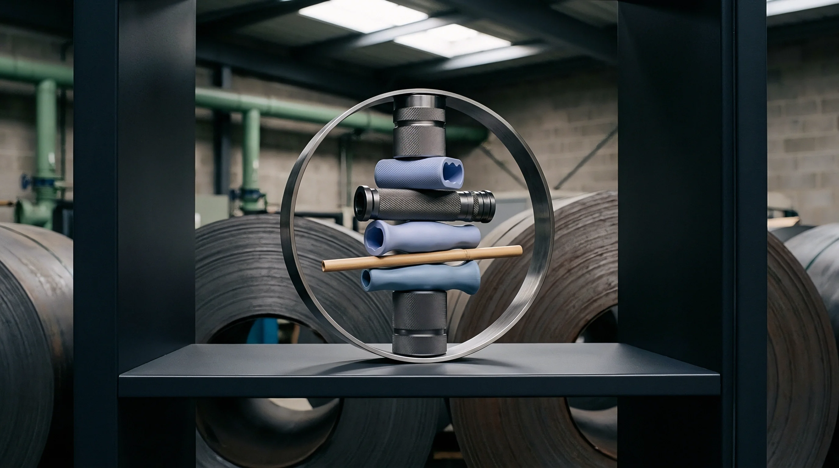 Symmetrically stacked machined steel and polymer components rest inside a circular metal frame on a dark shelf within an industrial warehouse.