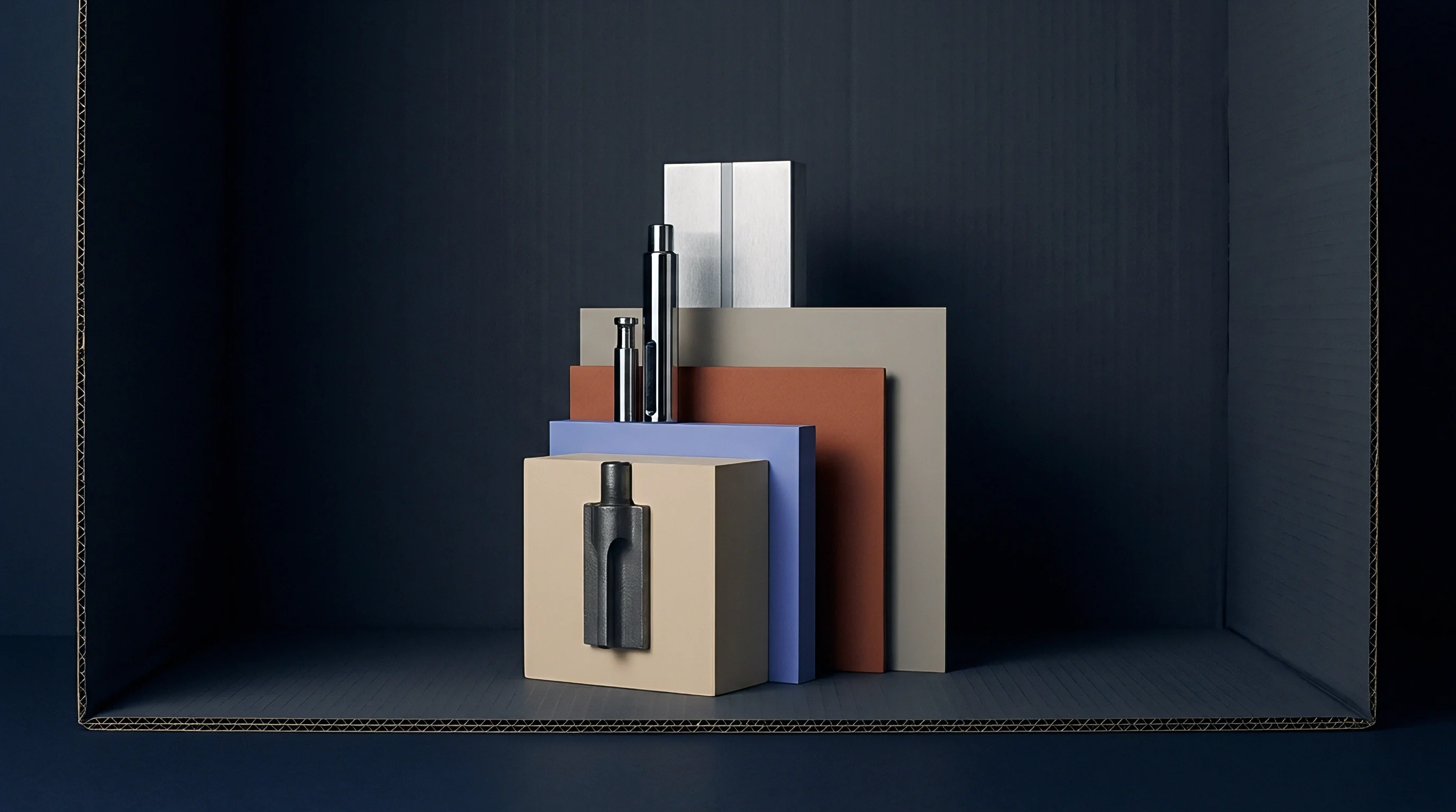 Precision machined steel components and layered polymer material finish samples rest on tiered coloured platforms inside a dark manufacturing inspection booth.