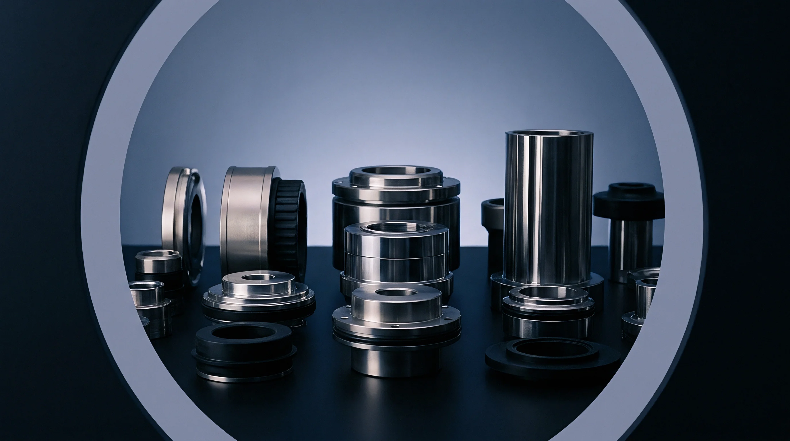 Polished steel mechanical seals and precision turned metal components rest on a dark production floor workbench inside a manufacturing facility.
