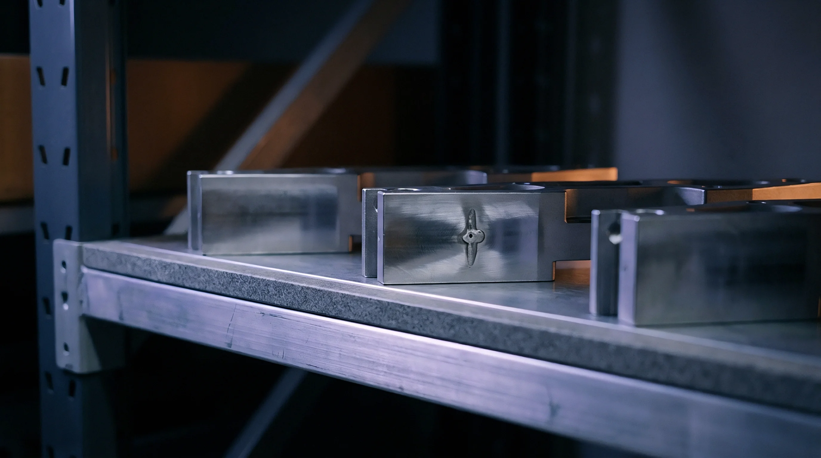 Machined aluminum components rest neatly on heavy industrial storage racks inside a metal parts warehouse facility.