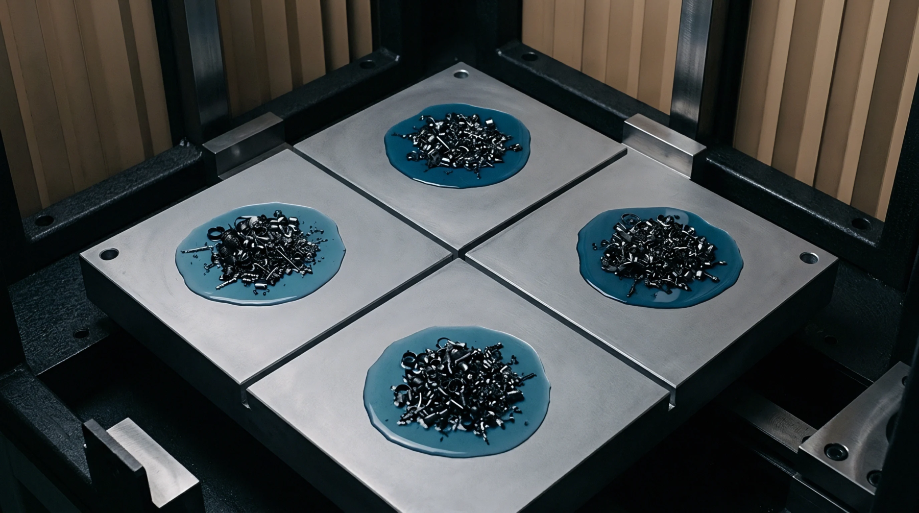 Four square steel plates feature circular reservoirs filled with blue coolant and dark metal turnings inside an industrial machining enclosure.