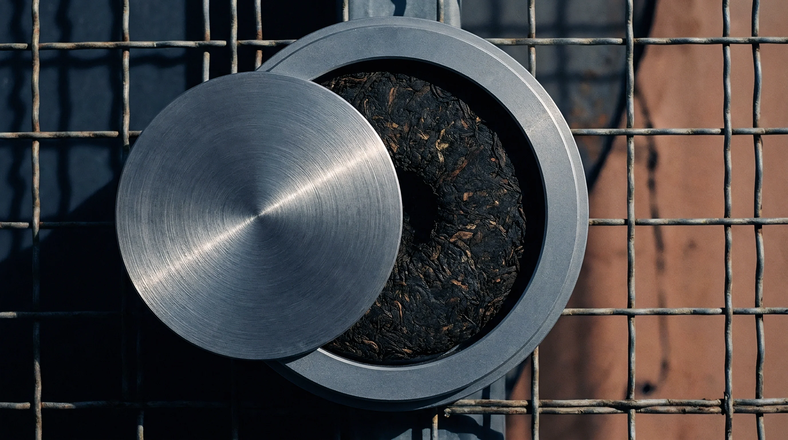 A partially opened circular metallic container reveals a dark, compressed organic product, resting on a wire mesh background.