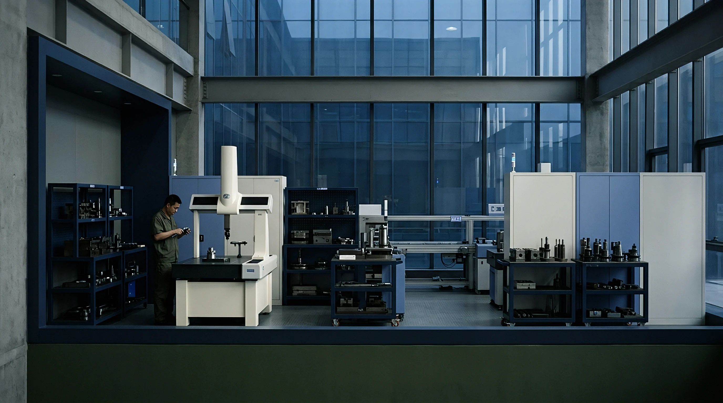 A skilled technician operates a large coordinate measuring machine for precision quality inspection within a modern industrial facility.