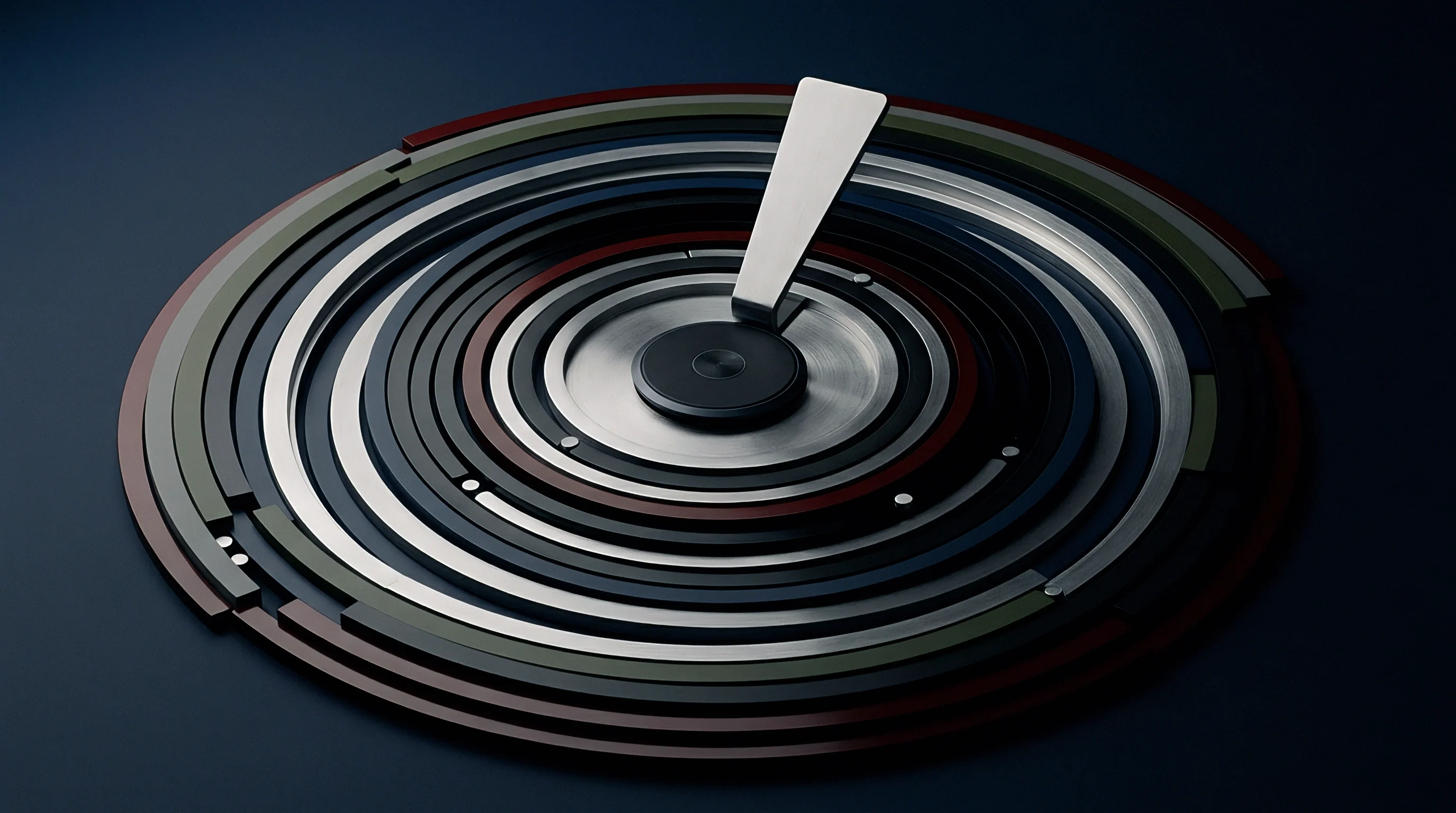 Rendered concentric metallic rings and radial adjustment levers form a complex calibration dial set against a dark industrial workspace backdrop.