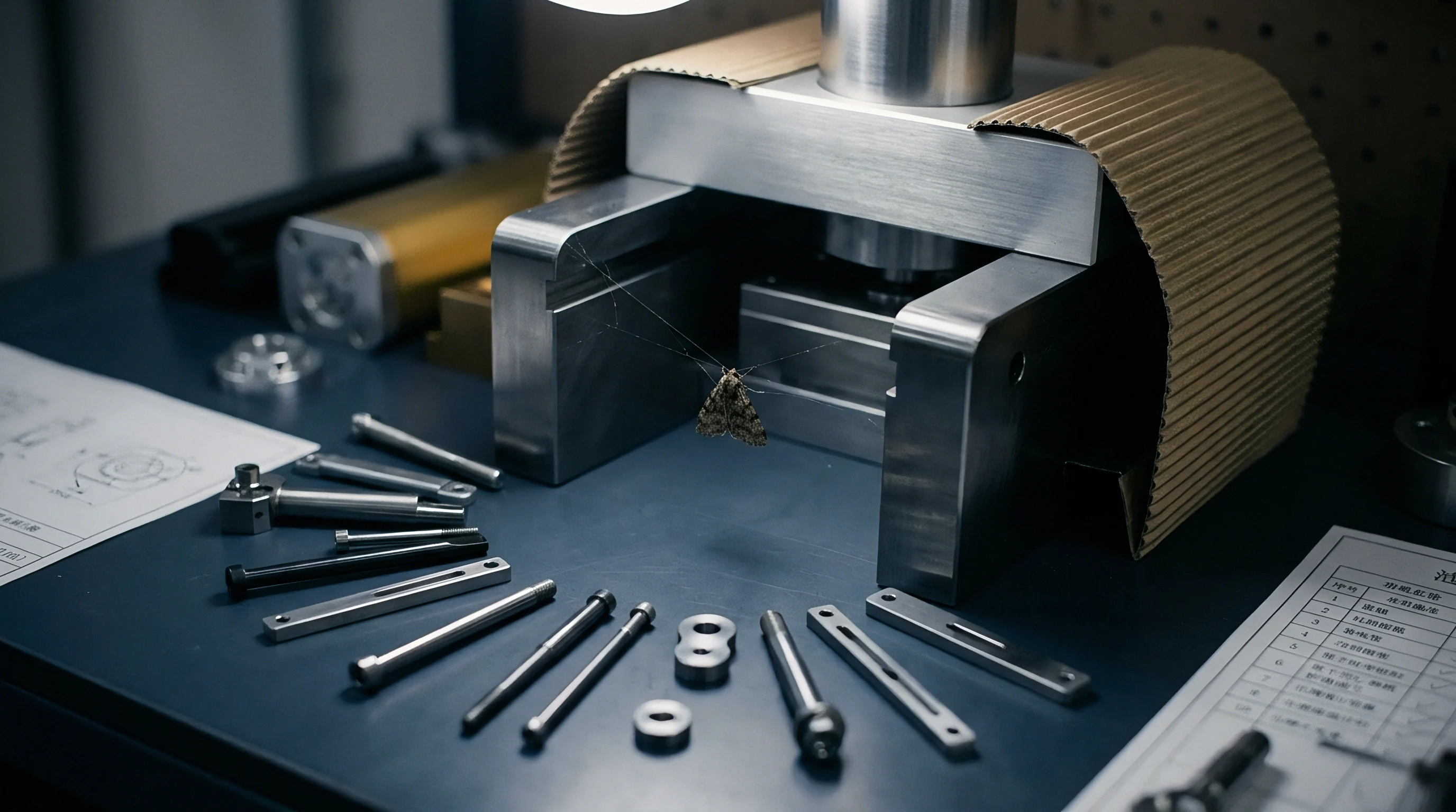 Precision machined steel components and threaded fasteners rest on a dark workbench beside technical blueprints inside a factory workshop.