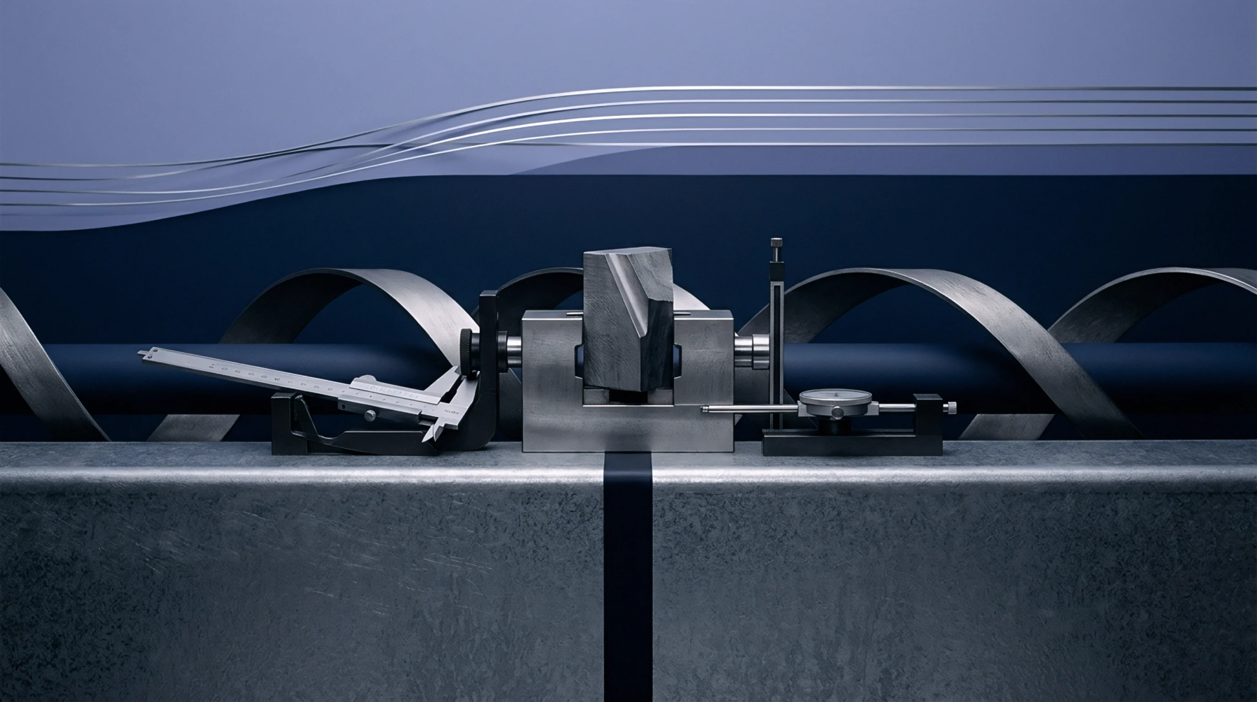 An illustration features precision measurement instruments including a caliper and dial indicator with a complex metal workpiece held in a fixture.