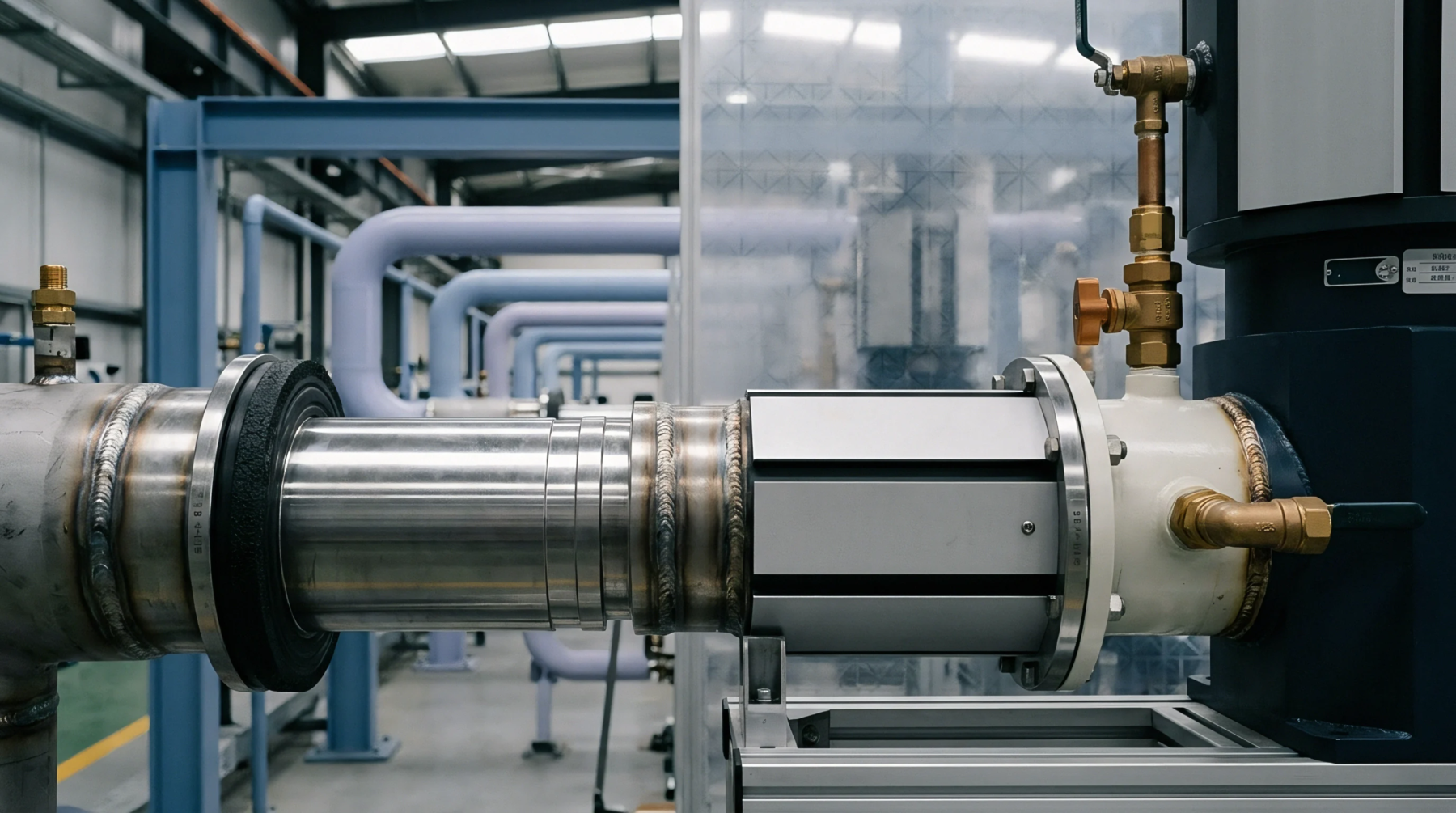 Polished stainless steel pipes and flanged industrial machinery components connect inside a brightly lit manufacturing facility floor.