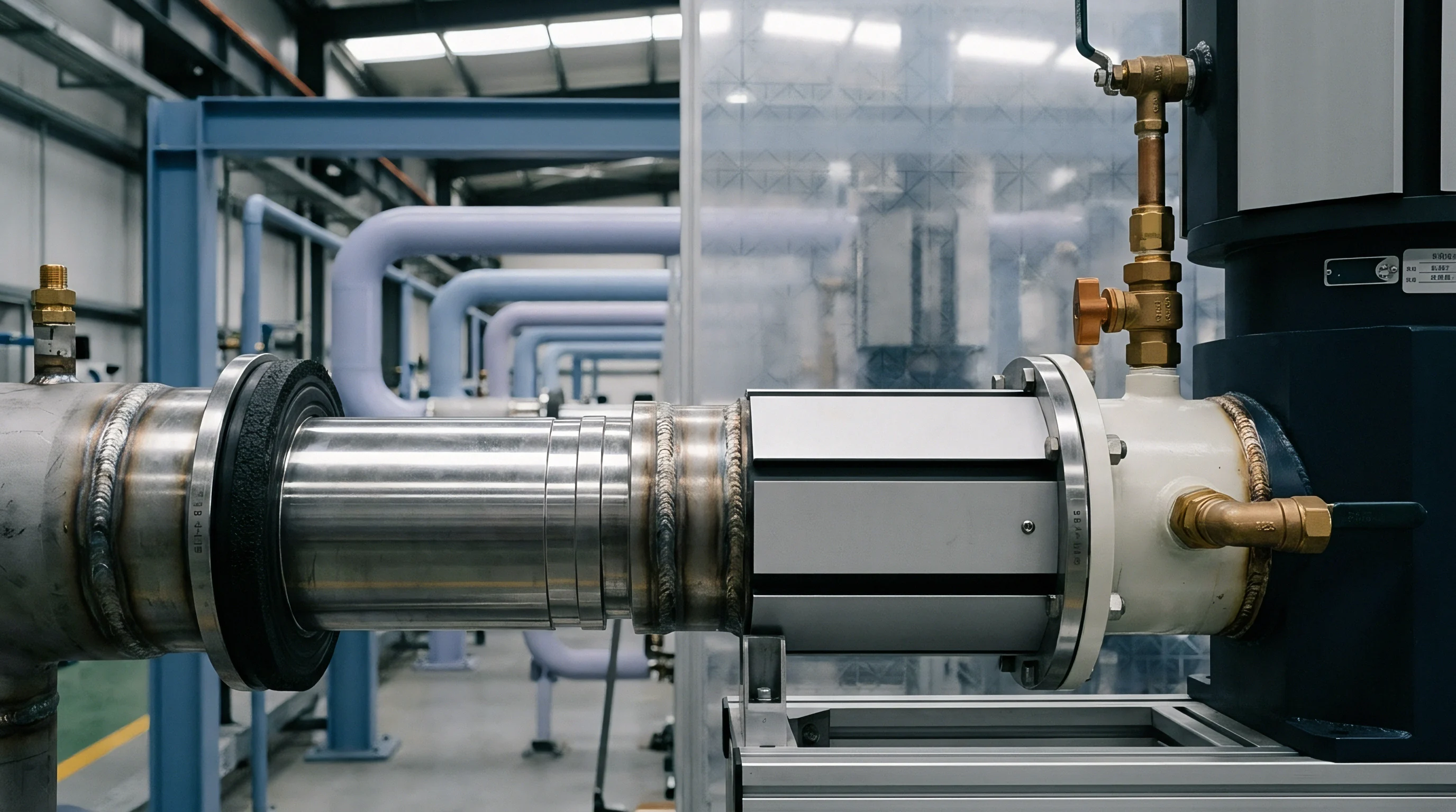 Polished stainless steel pipes and flanged industrial machinery components connect inside a brightly lit manufacturing facility floor.