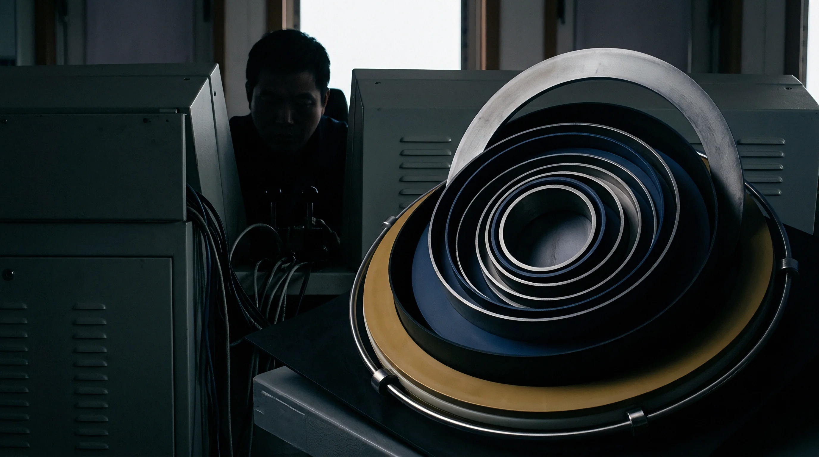 Concentrically arranged metal rings of varying diameters rest on a tilted workbench inside a heavy industrial testing facility.