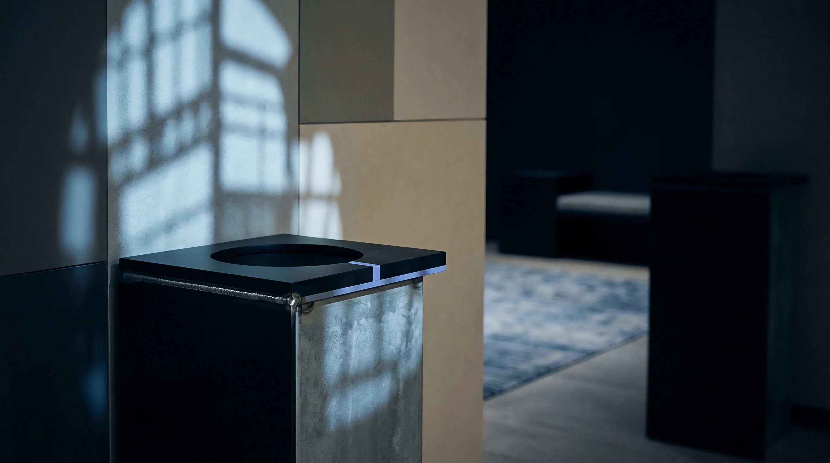 A bespoke metal and composite receptacle with illuminated trim features in a modern industrial setting.