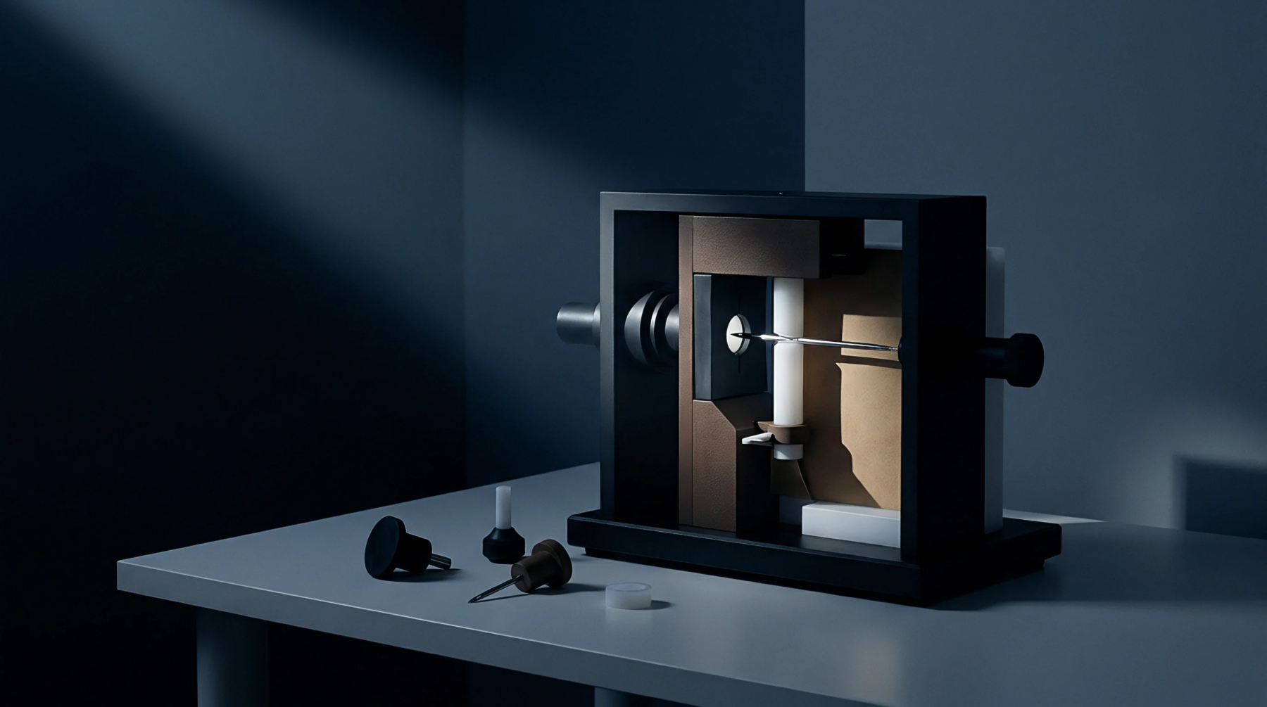 A digital render of a precision metrology calibration apparatus rests upon a grey factory workspace table inside an industrial quality control laboratory.
