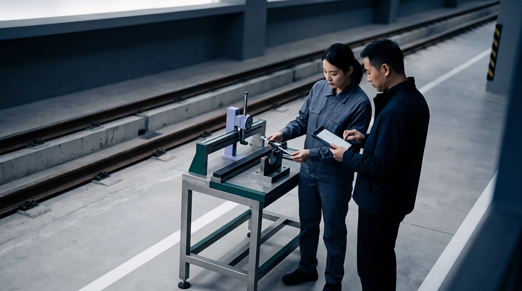 Two manufacturing inspectors in work uniforms measure a metal rail component on a steel workbench inside a transit facility.