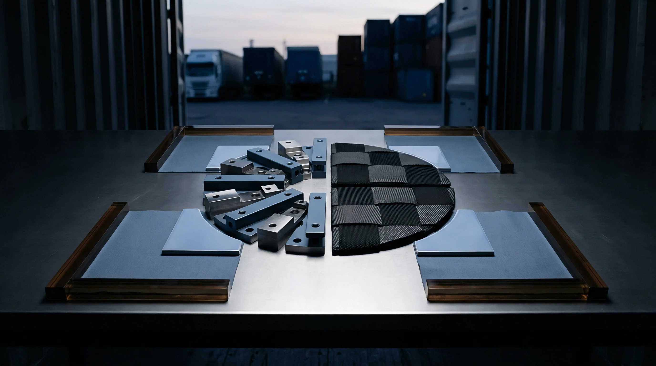 Precision machined metal tooling blocks and woven composite panels rest on a stainless steel workbench inside a freight container.