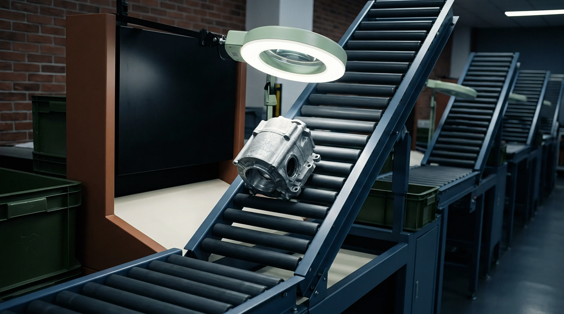 Die cast aluminum housing rests on a gravity roller conveyor under a magnifying lamp for visual inspection in a manufacturing production facility.