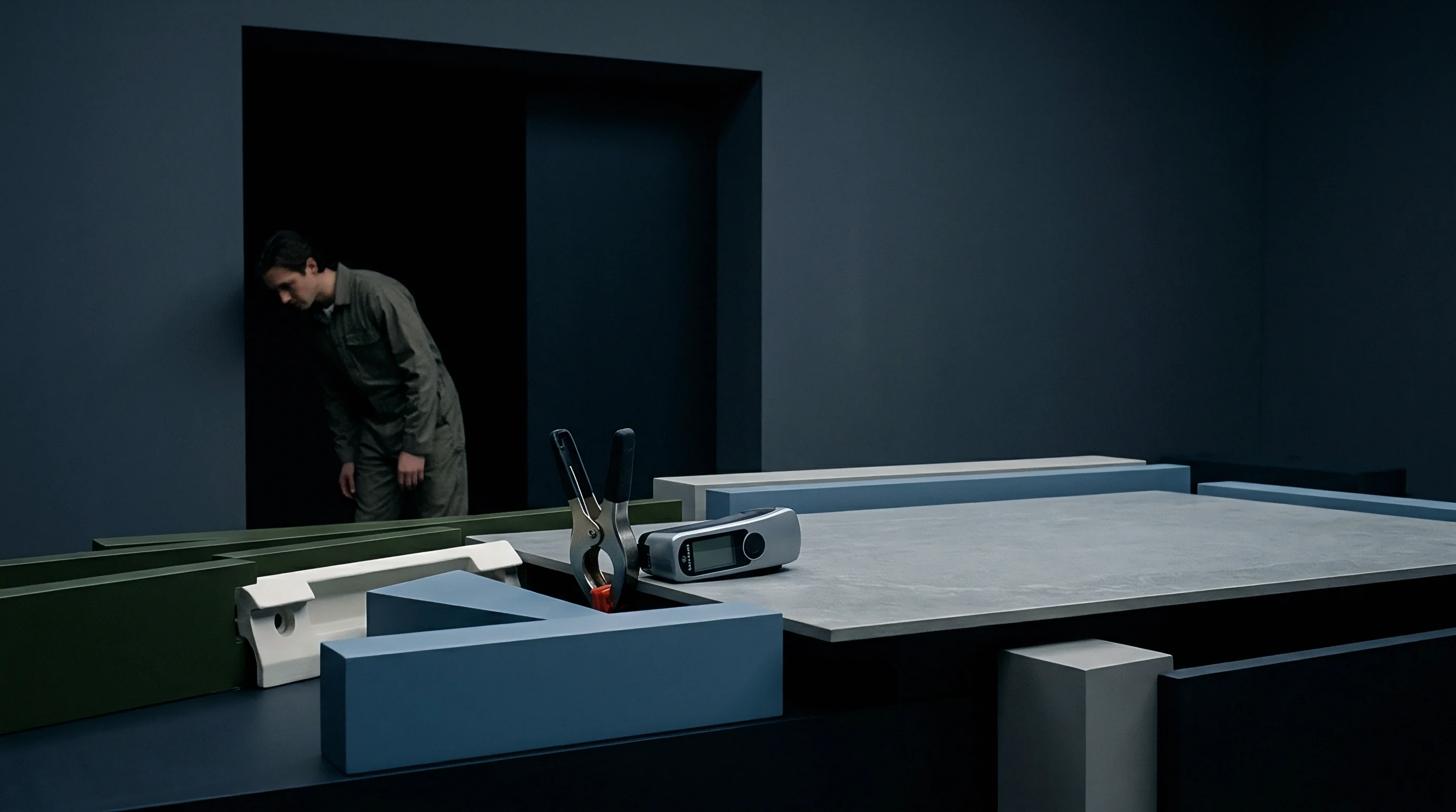 Factory quality control technician inspects material samples and dimensional components on a workbench inside a dark manufacturing facility.