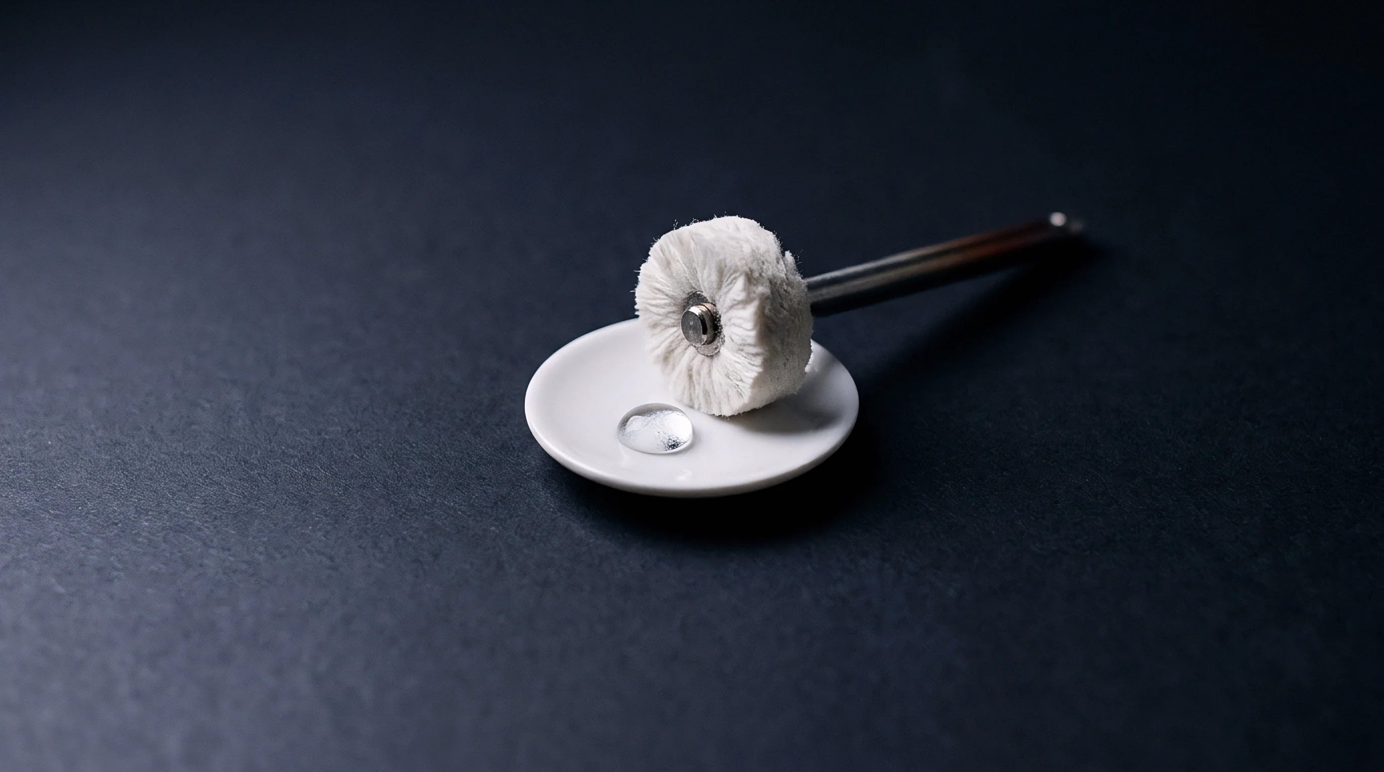 A single liquid droplet rests inside a small white ceramic dish positioned next to a rotary polishing tool on a dark textured workbench.