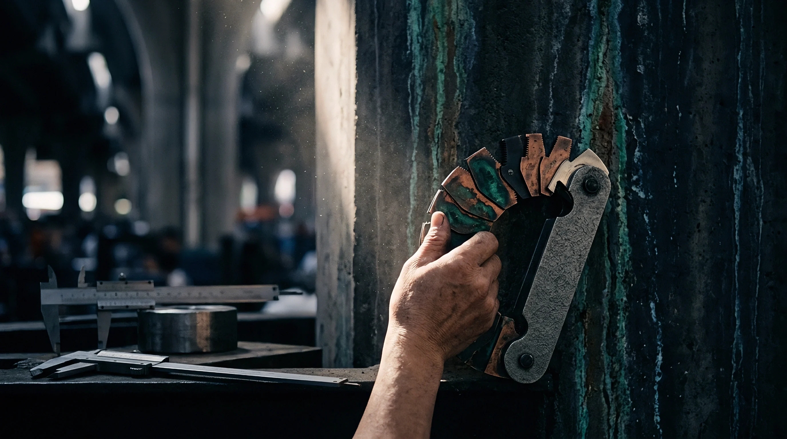 An industrial inspector holds a multiple blade radius gauge beside verification calipers on a workbench inside a heavy machinery workshop.