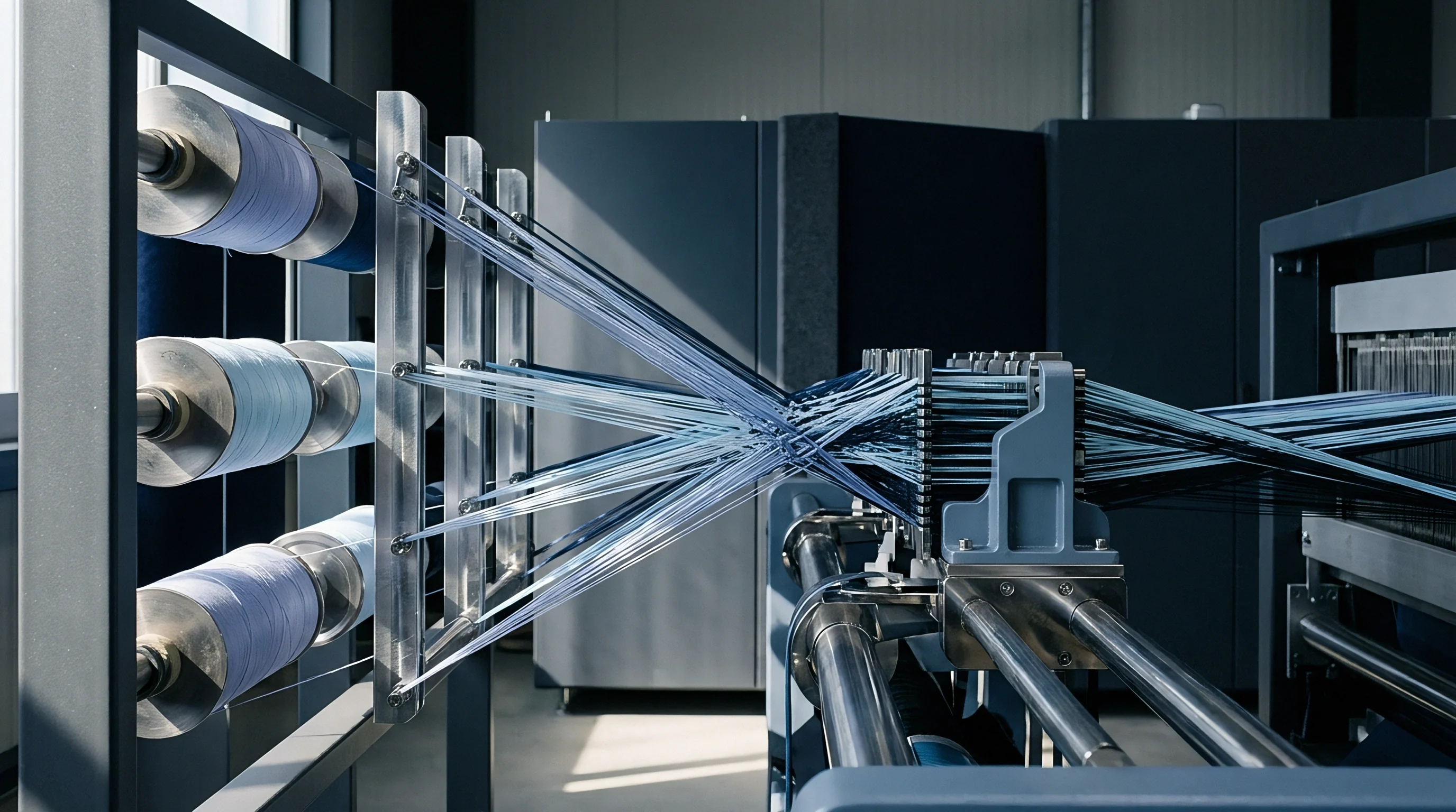 Spools of blue thread feed through metal guides into an industrial warping machine inside a modern manufacturing facility.