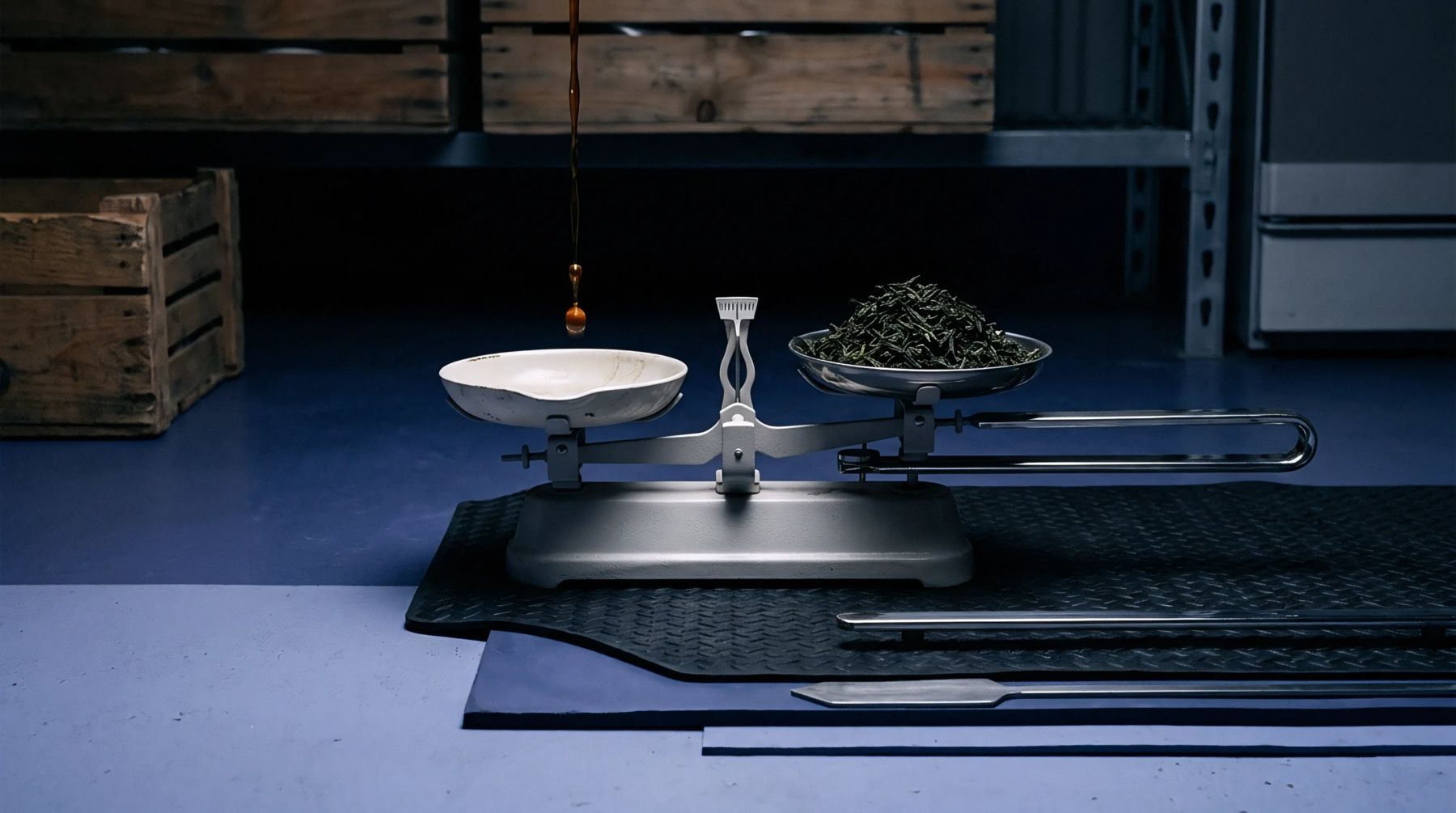 A mechanical balance scale measures dried herbal foliage inside an industrial warehouse while dark liquid drips steadily from overhead.