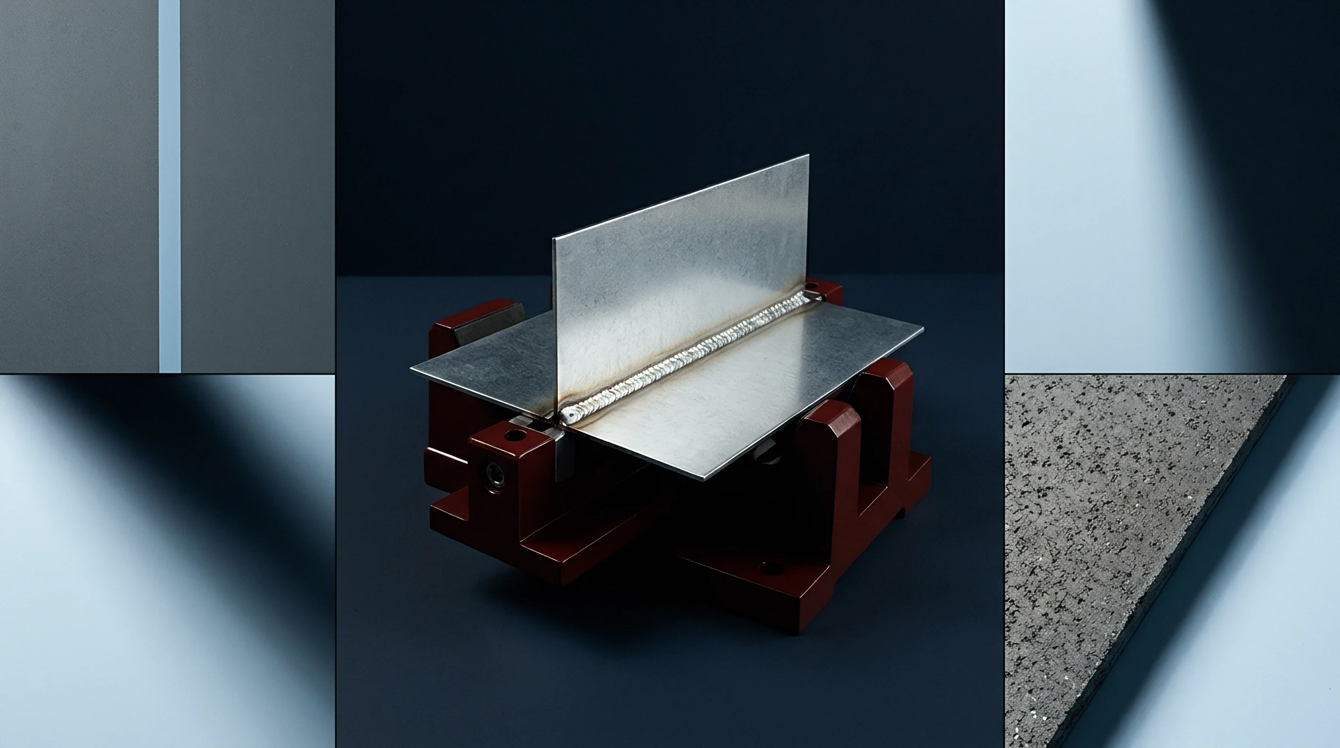 Two stainless steel sheets joined by a continuous weld seam rest securely inside a red modular positioning fixture on a dark table.