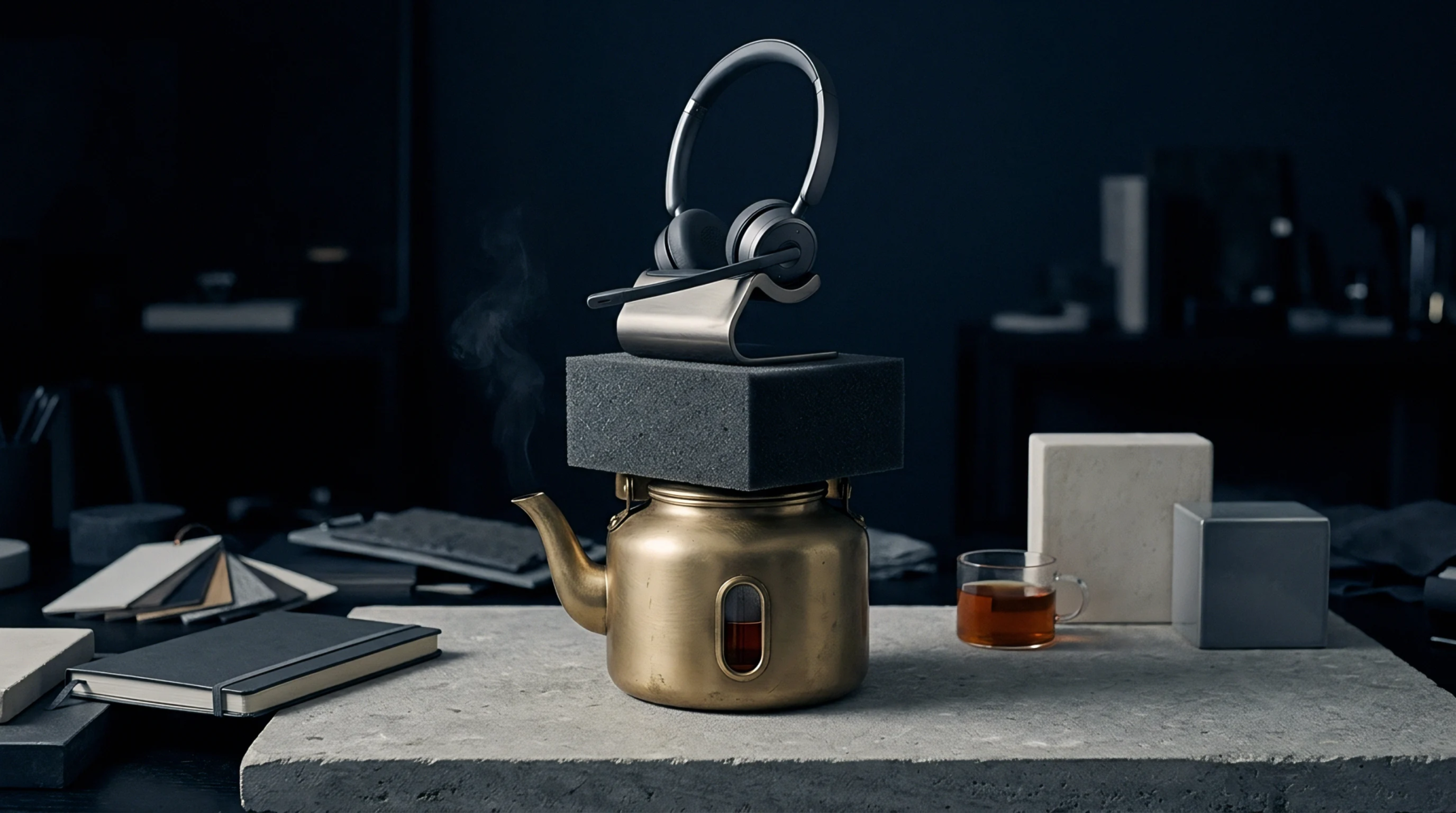 A metal headset rests on a block of protective foam placed atop a steam emitting brass kettle on a stone assembly surface.