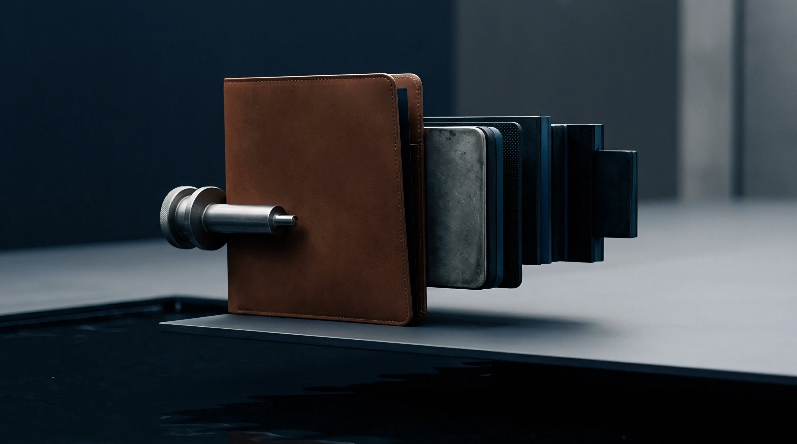 Digital render shows a brown leather folder adjacent to an exploded view of assorted rectangular material sheets held by a steel industrial clamping device.
