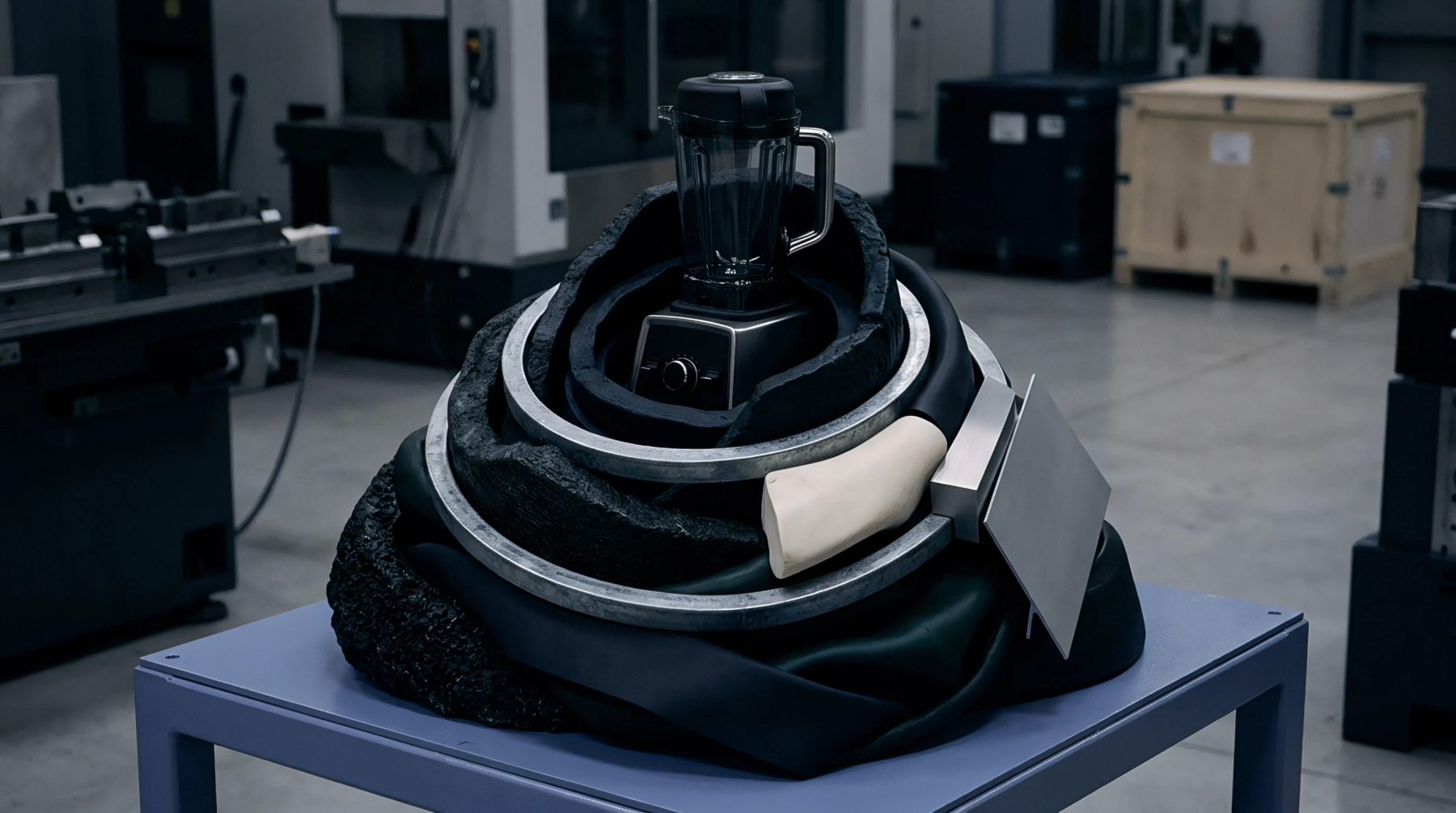 Industrial raw materials and finished consumer product components are meticulously arranged on a blue table within a factory production facility.
