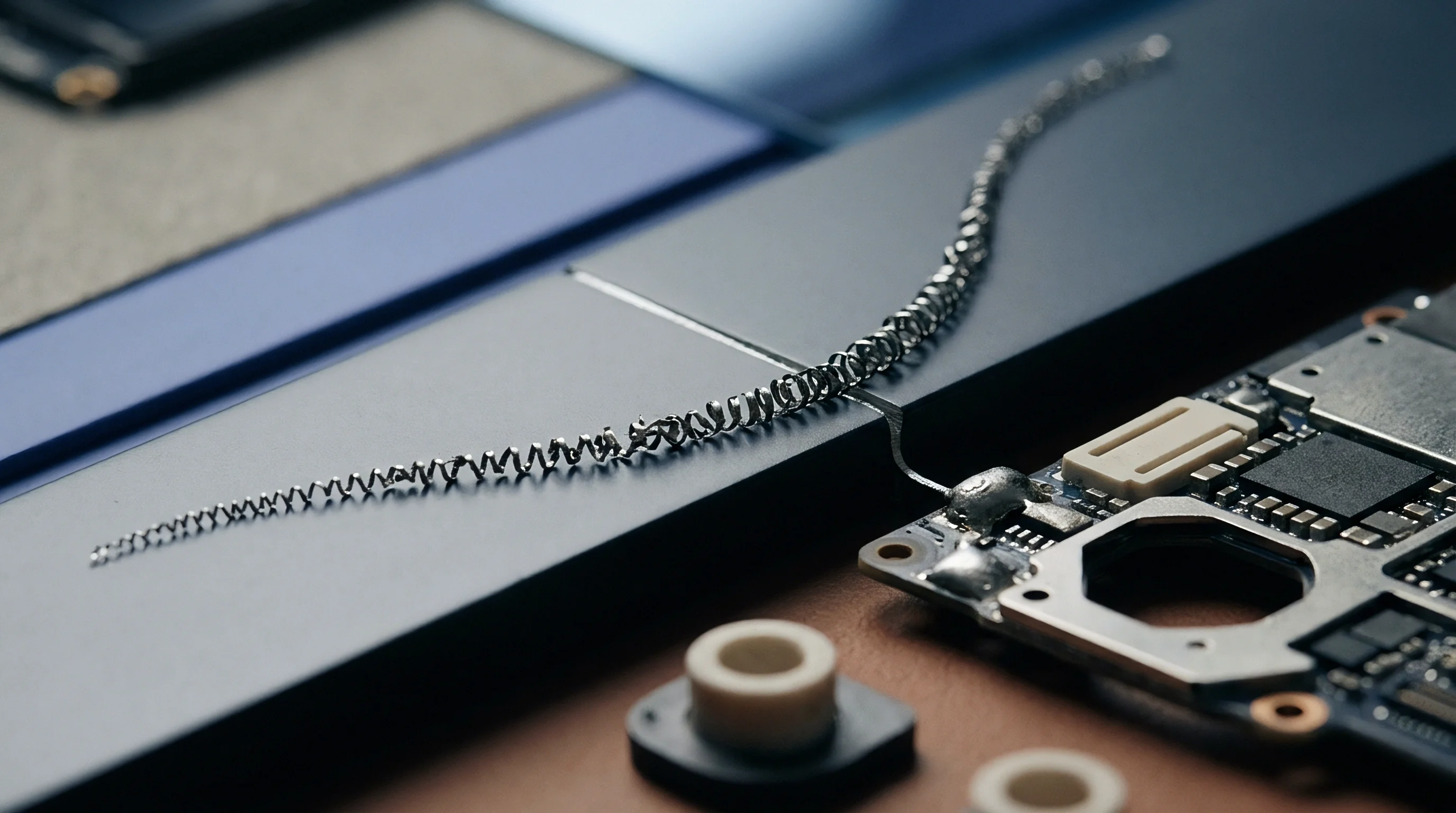 Machined metal swarf attached to a circuit board assembly rests on a dark factory workbench during defect evaluation.