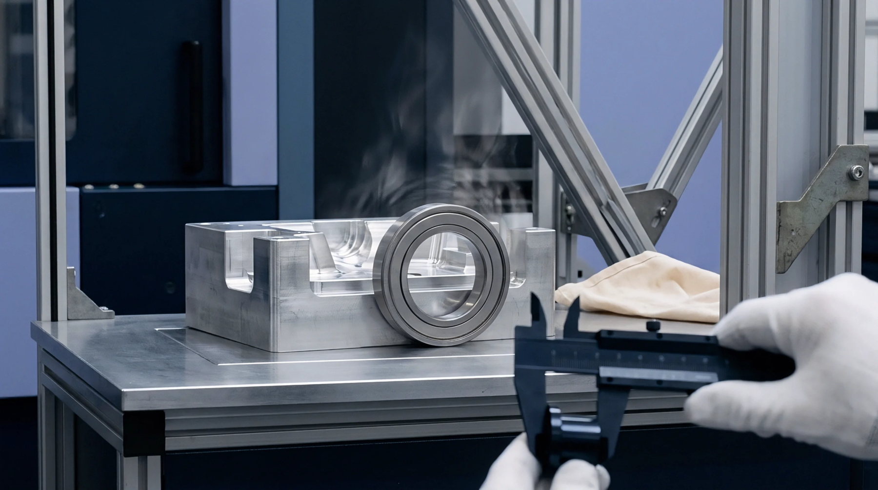 A gloved technician uses digital calipers to verify tolerances on a machined metal part inside a factory quality inspection station.