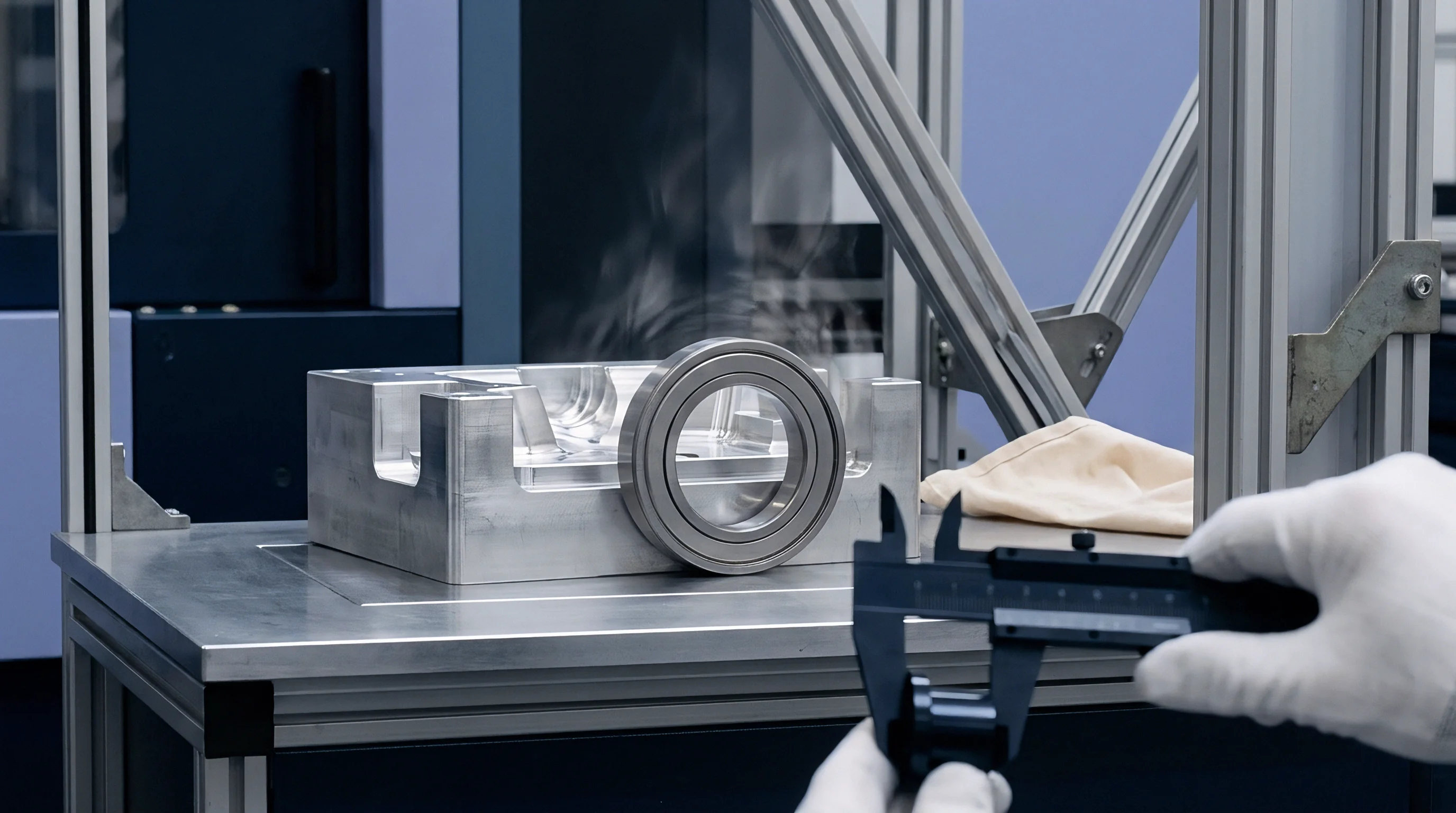 A gloved technician uses digital calipers to verify tolerances on a machined metal part inside a factory quality inspection station.